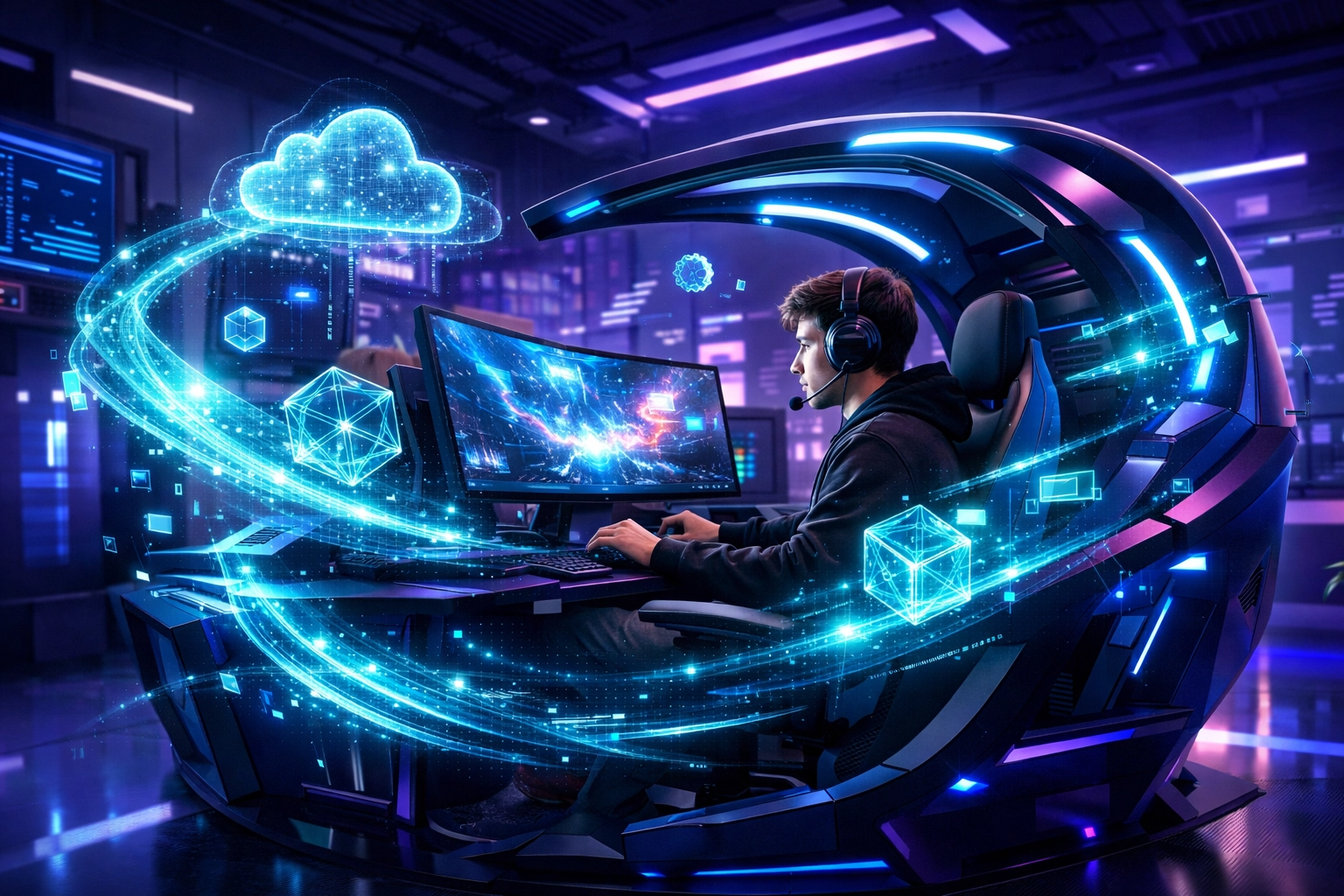 Gen Z student in an immersive brand-powered cloud lab pod with futuristic holographic AI data and cloud technology.