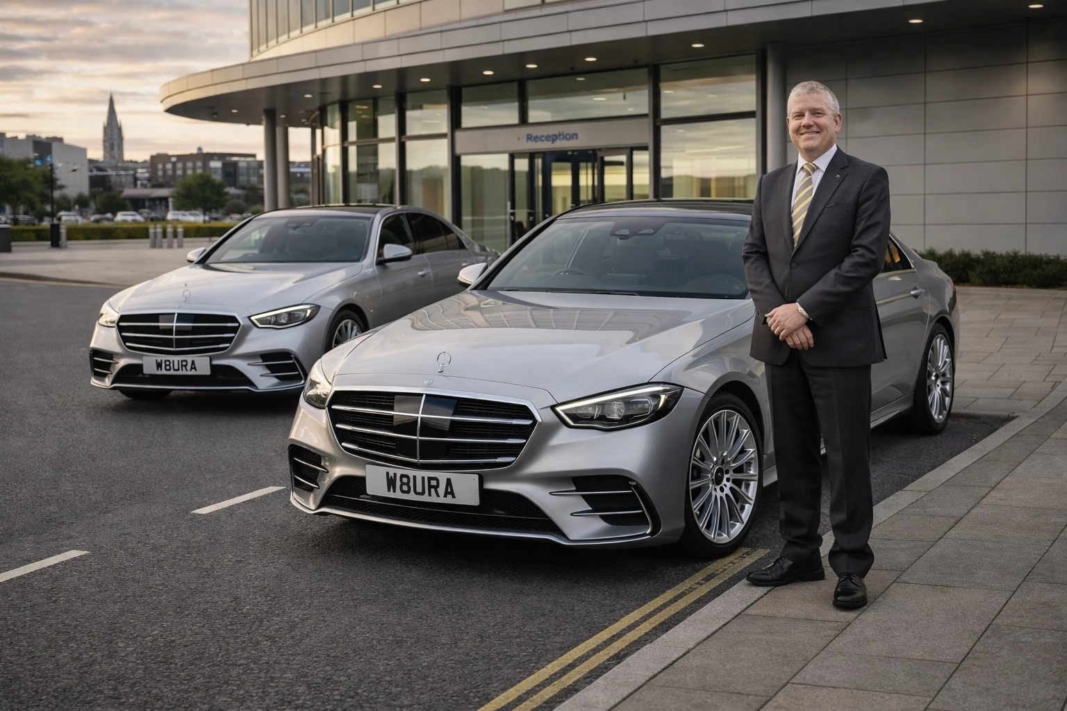 Premium silver Mercedes-Benz S-Class W223 chauffeur vehicle(s) with W8URA plate and multi-spoke wheels on a road near a Nottingham corporate reception, ready for executive airport transfer or corporate transport.