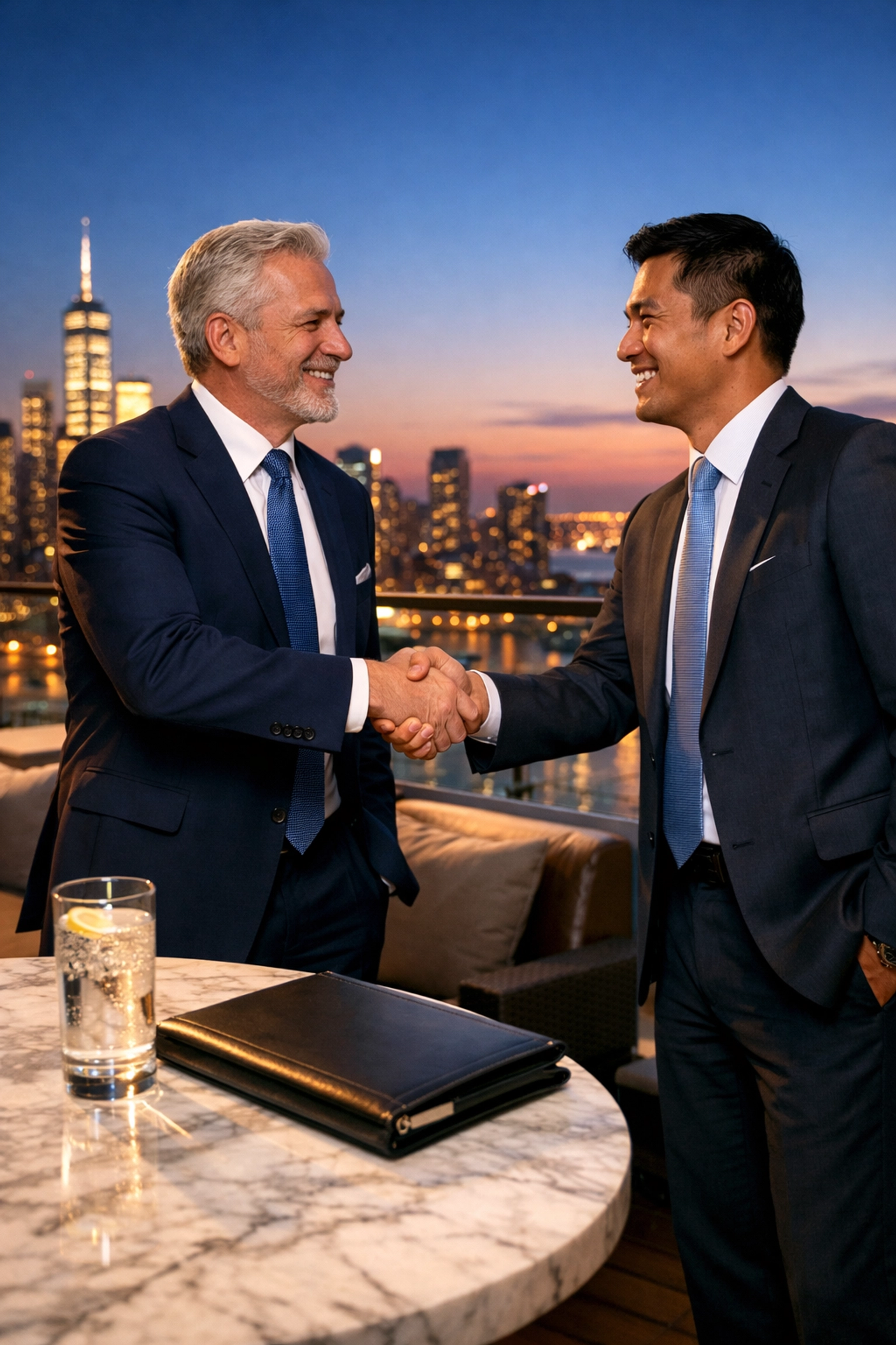 Professionals shaking hands at a rooftop event, symbolizing high ROI from corporate hospitality investments.