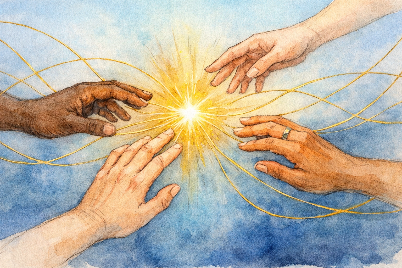 Diverse hands reaching for a central gold light, symbolizing global Christian partnership and mission.