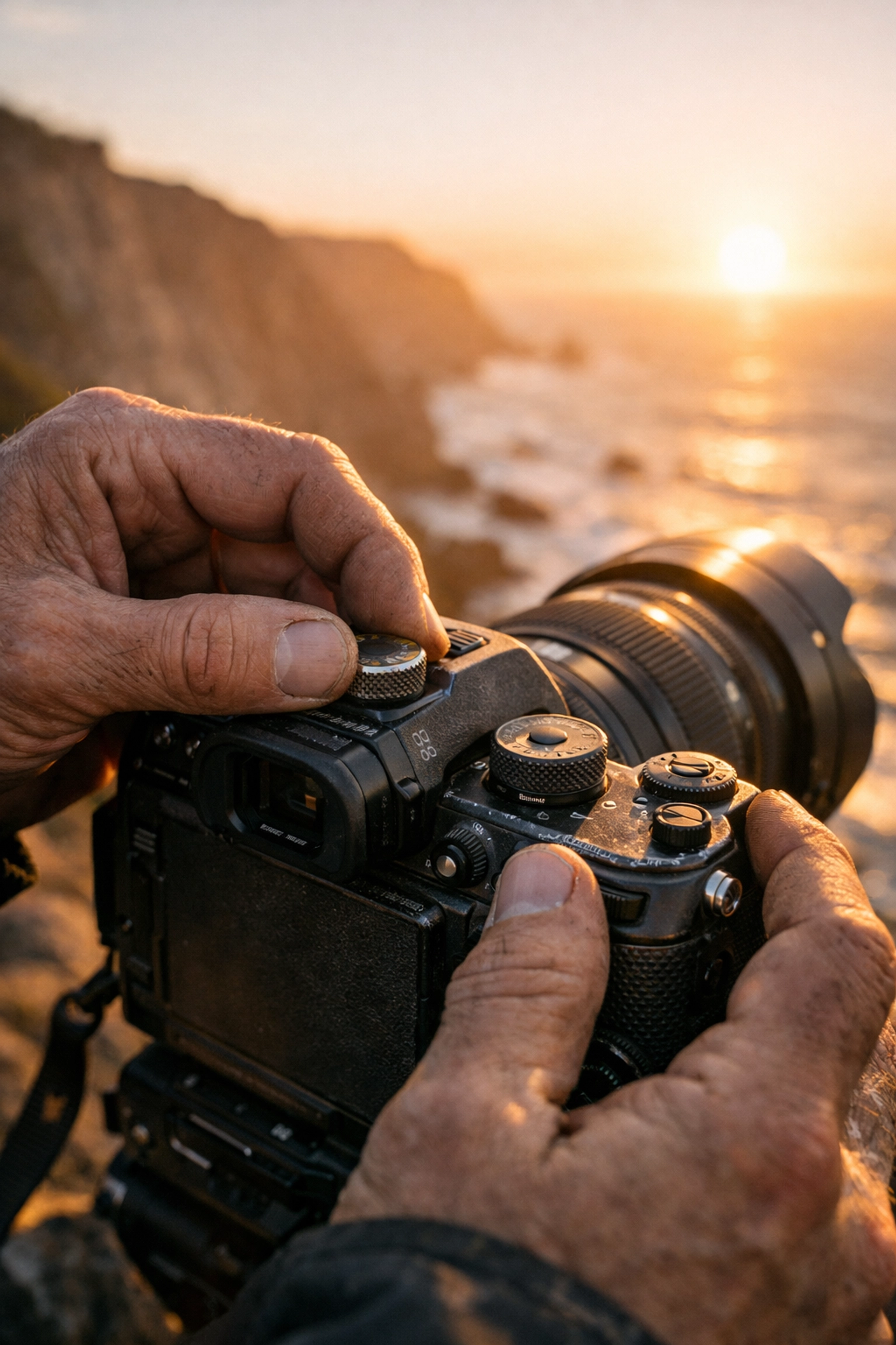Photographer hands adjusting camera dials for manual mode settings during a sunset landscape.