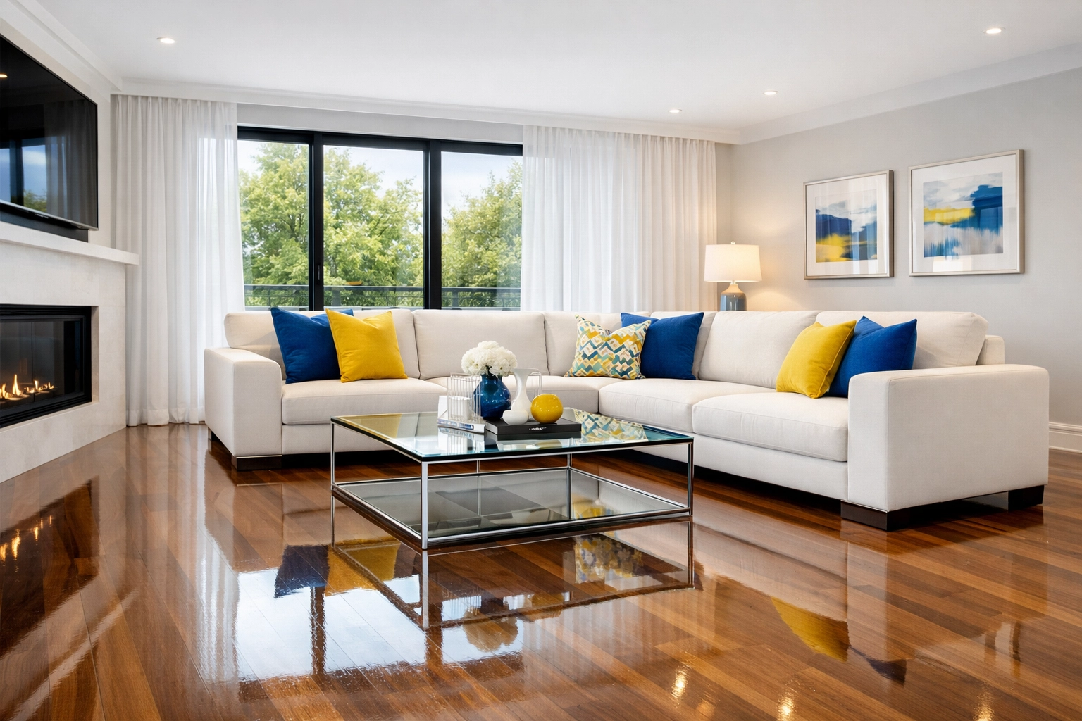 Spotless luxury living room with polished floors after expert house cleaning Brookline MA.