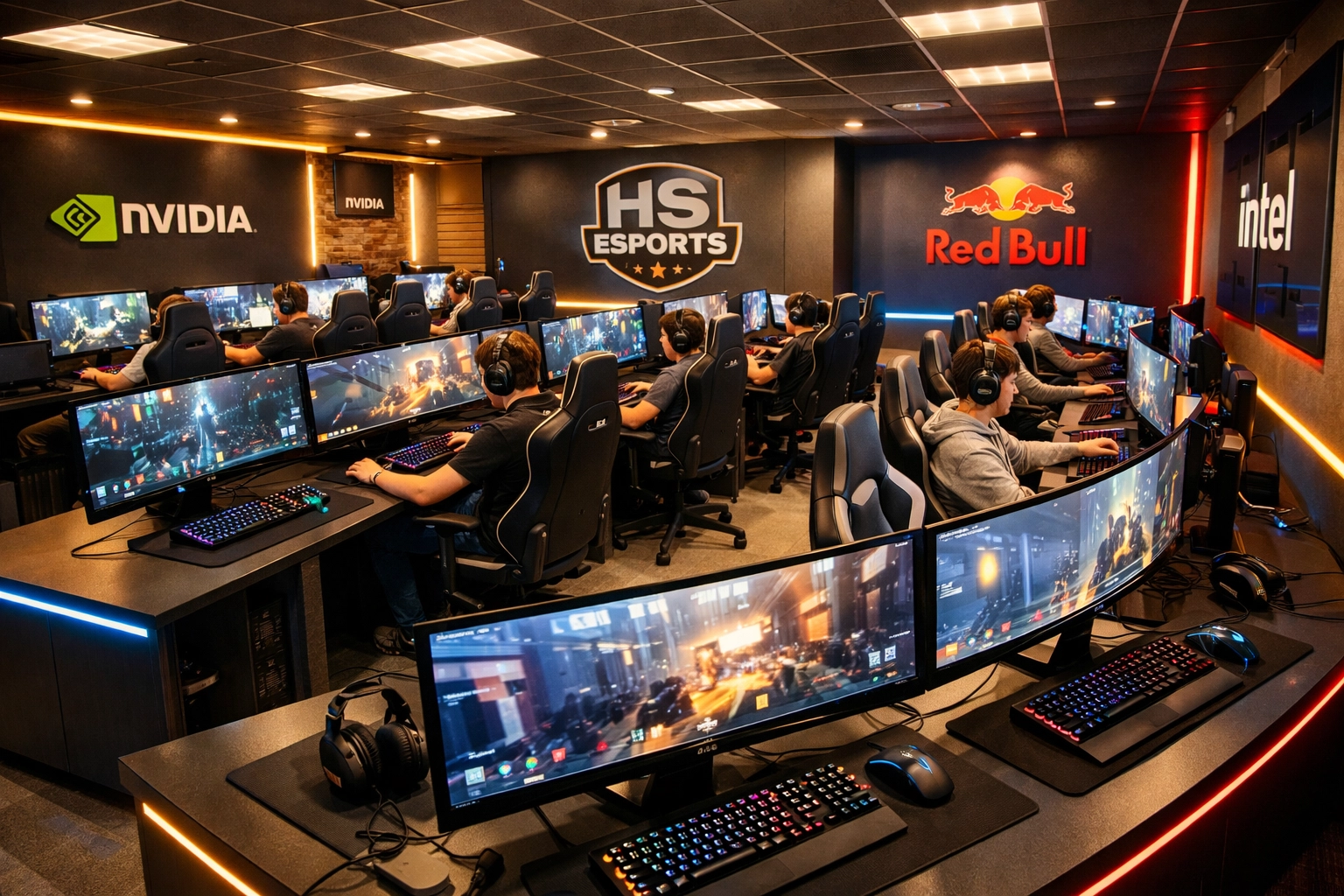 High school esports training facility with gaming stations and brand sponsorship opportunities
