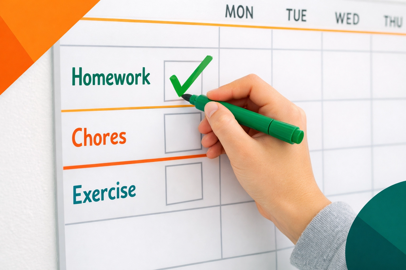 Teen hand marking a checklist board to organize a daily life skills routine and schedule.
