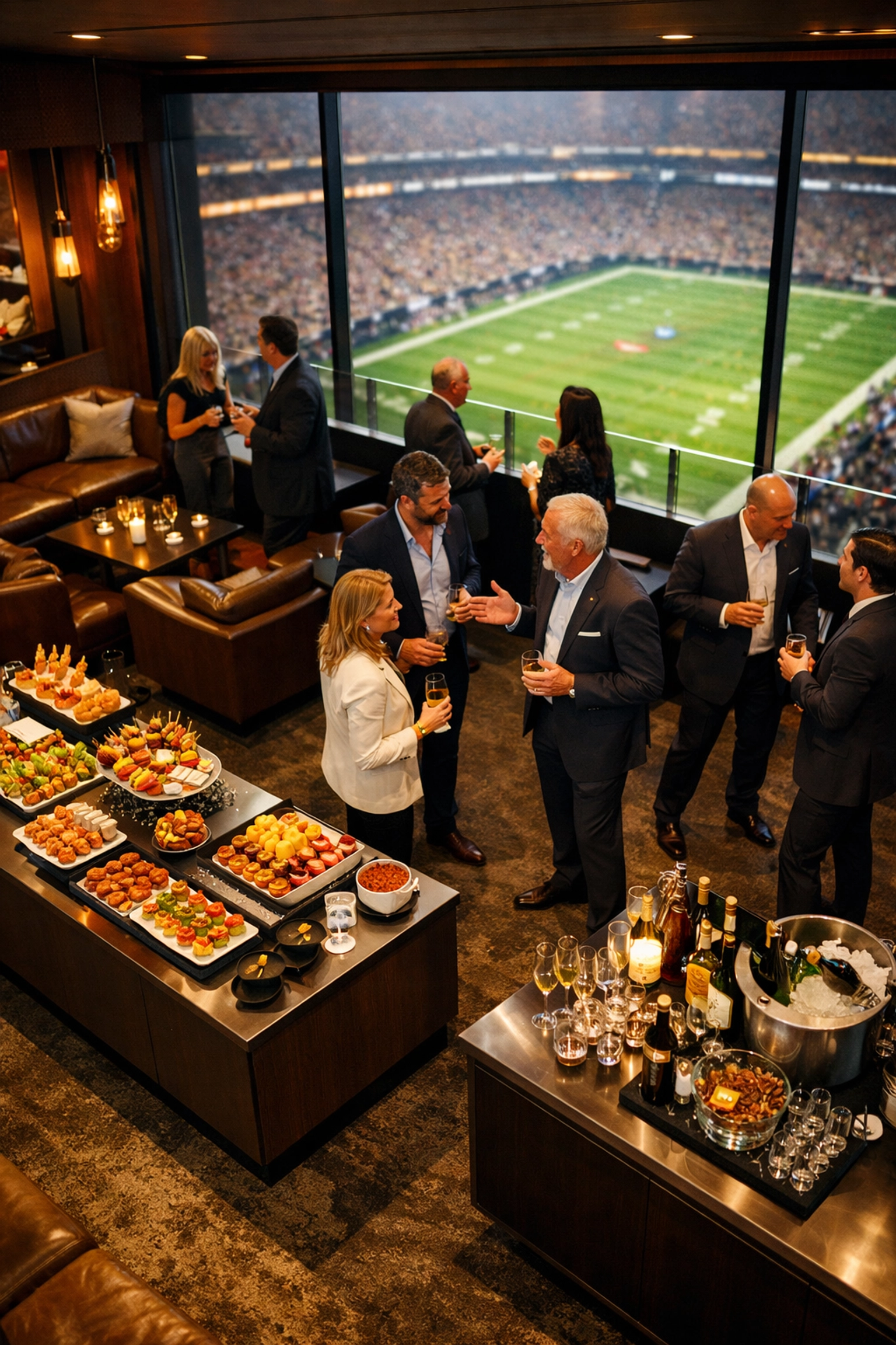 Luxury VIP suite at Super Bowl with executives networking during corporate hospitality event