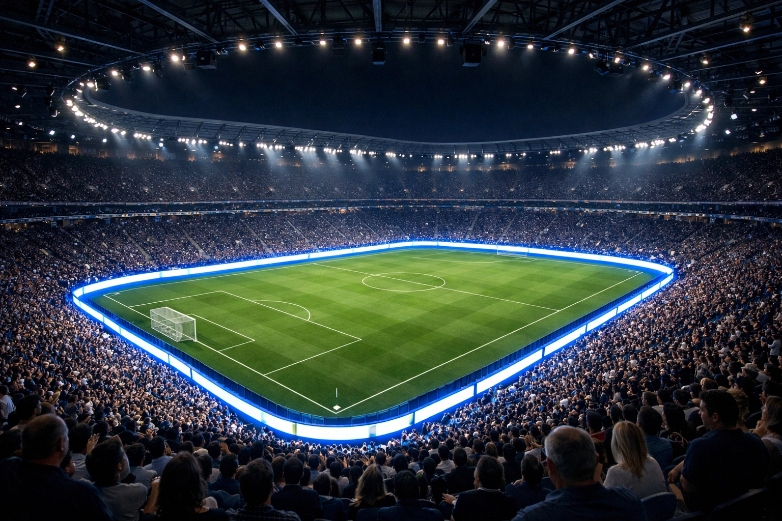 Bright digital perimeter boards encircling the field of a professional sports stadium.