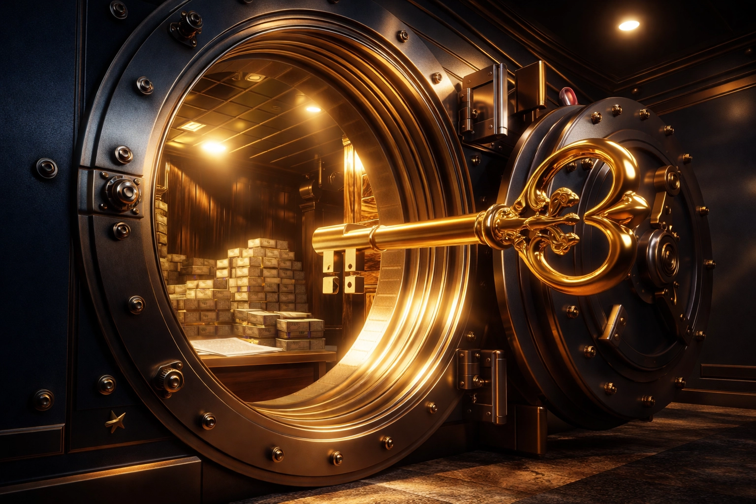 Golden key unlocking a vault full of cash and documents, representing tax planning opportunities for high-income earners