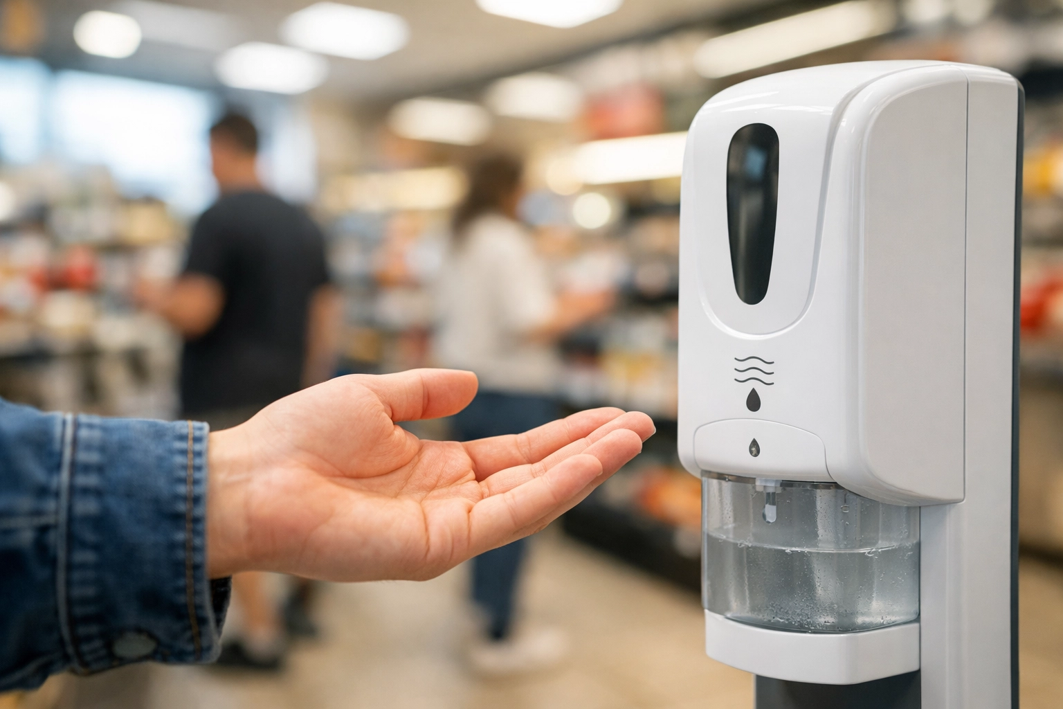 Person using hand sanitizer kiosk with digital advertising screen in store
