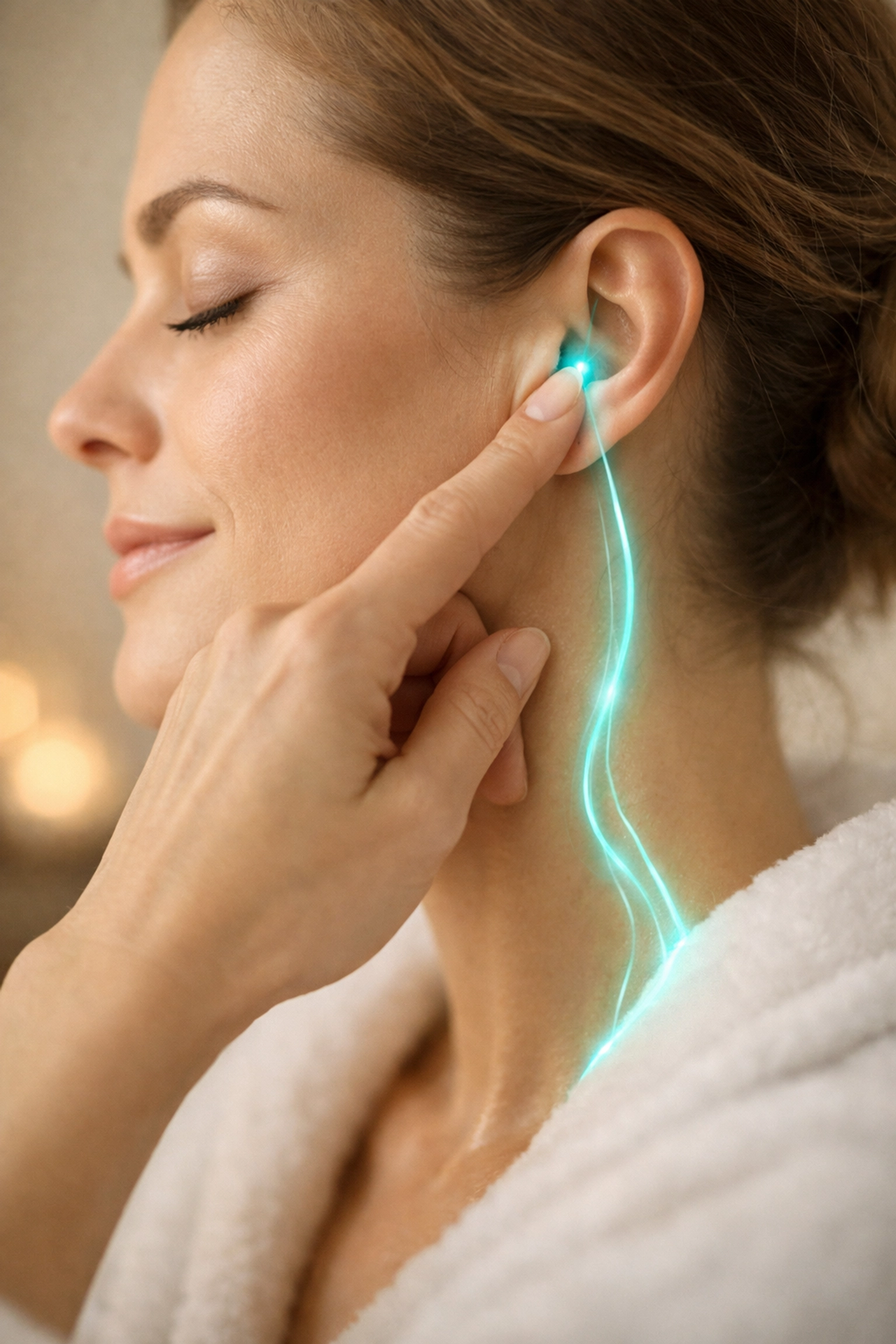 Woman practicing auricular vagus nerve massage to activate the parasympathetic nervous system and reduce stress.