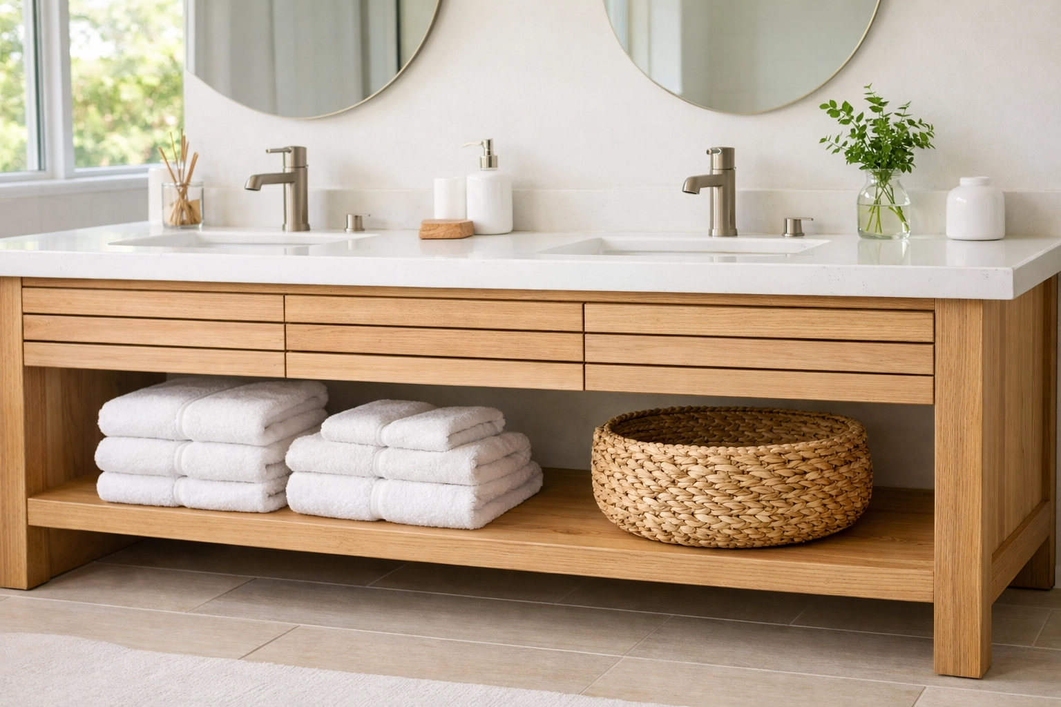 Custom white oak open-concept bathroom vanity with quartz countertops in a bright Minnesota home.