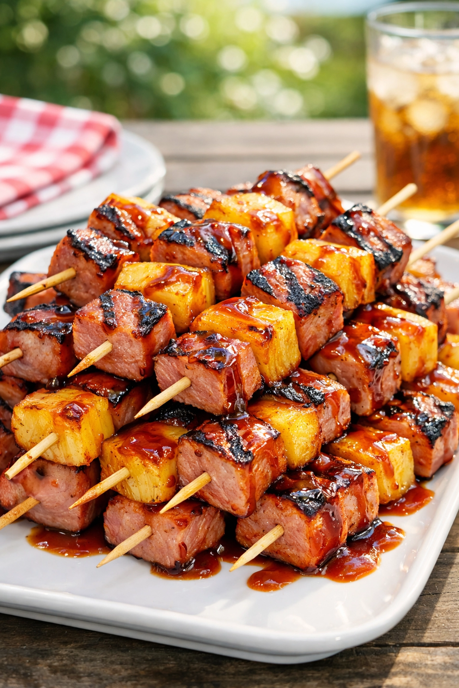 Grilled 5-ingredient ham and pineapple kabobs with BBQ glaze, a quick dinner idea for families.