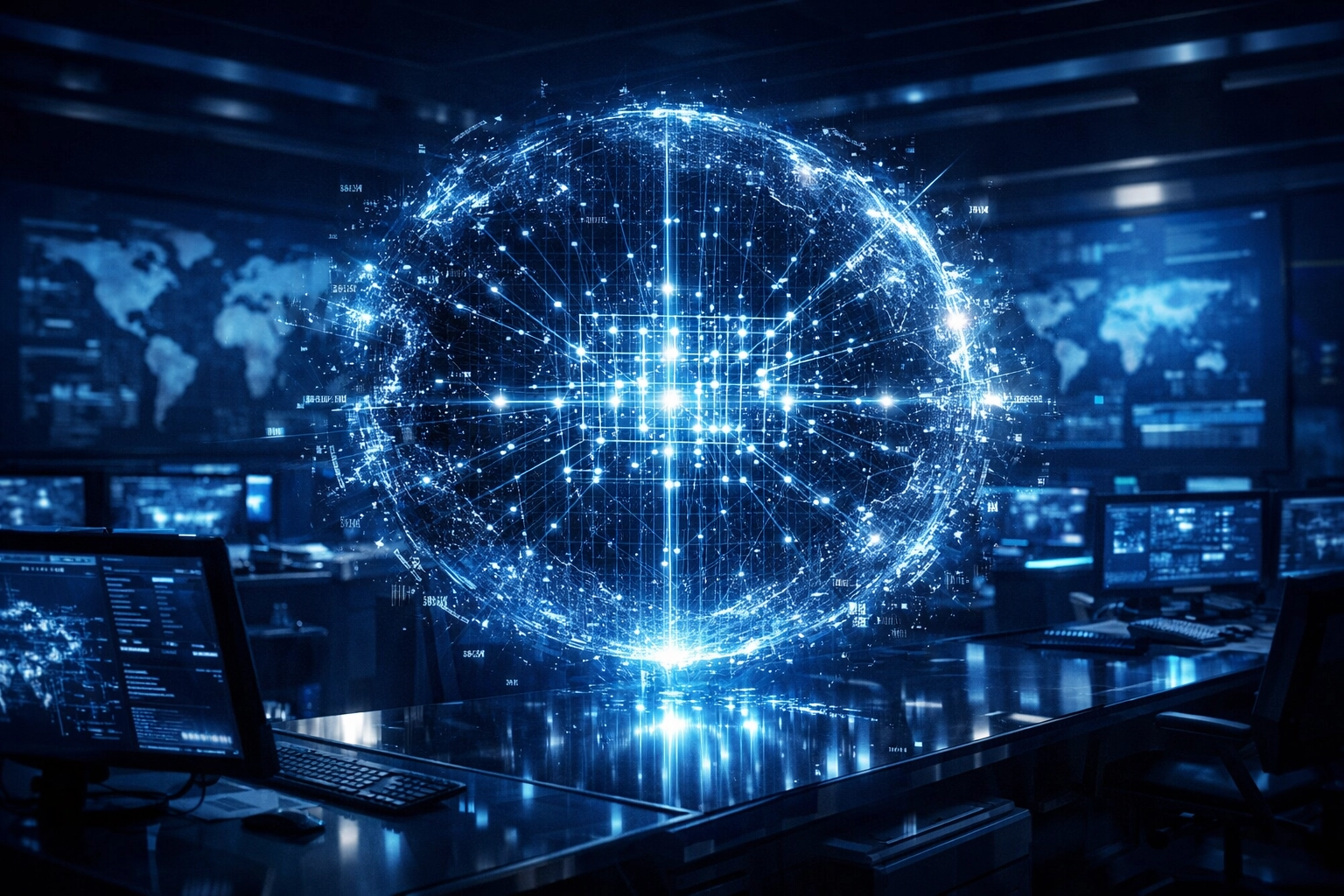 IT consulting command center organizing data streams to manage shadow AI and business security.