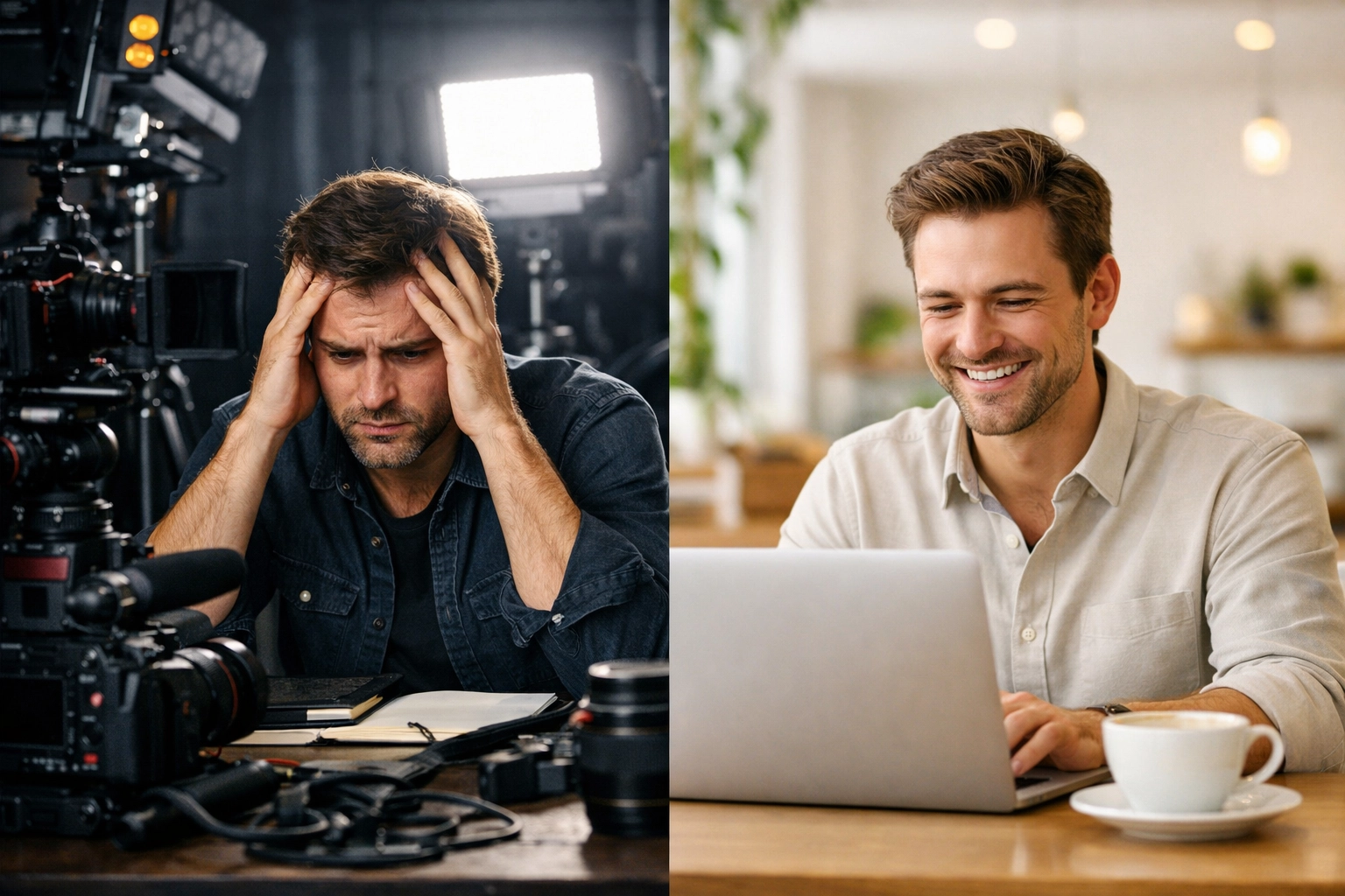 Comparison of traditional video production equipment versus simple laptop for video creation