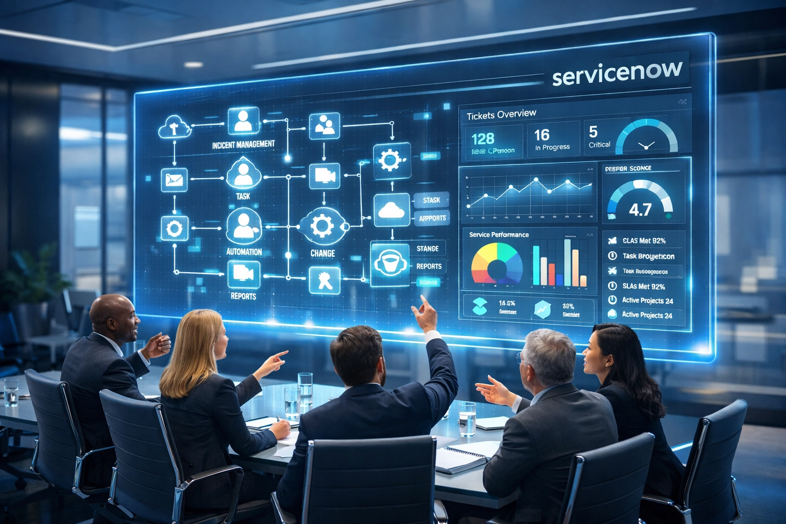 Business executives reviewing ServiceNow dashboard metrics for digital transformation strategy