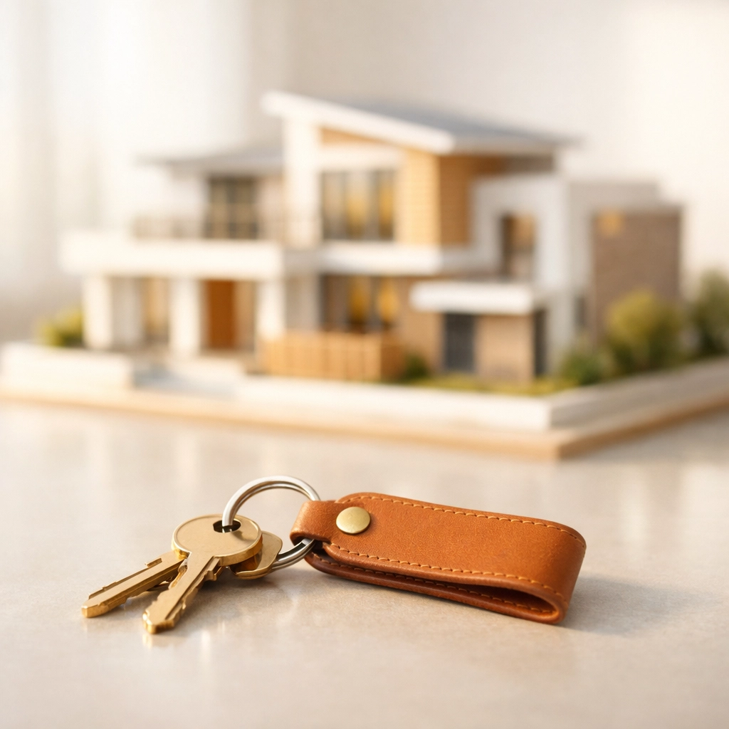 New house keys symbolizing a successful property acquisition with clear title insurance.