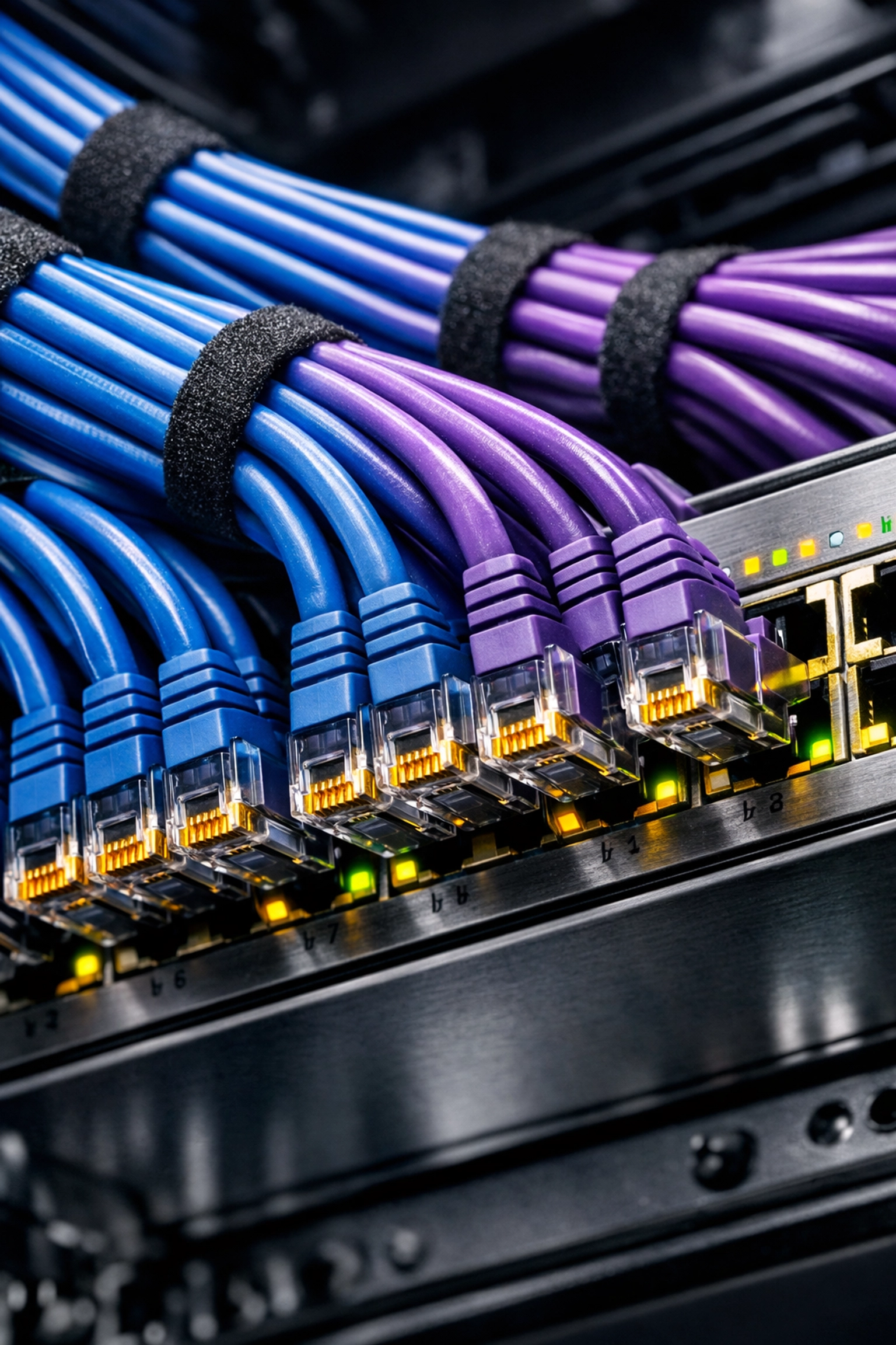 Close-up of neatly organized blue structured cabling connected to a professional network switch.