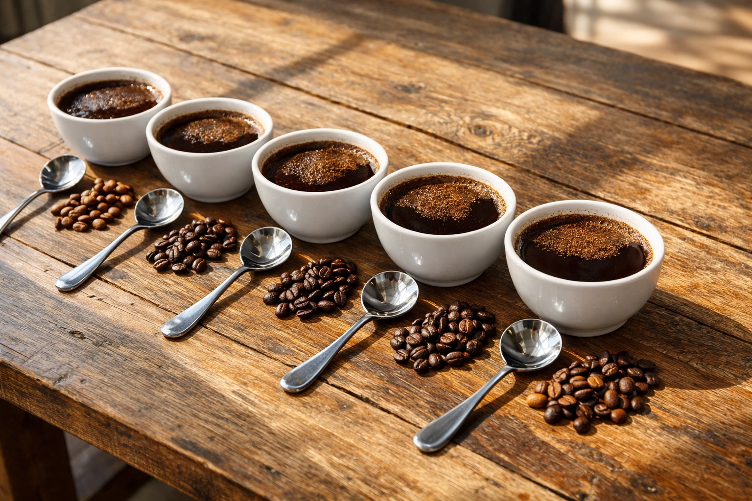 Professional coffee cupping session used by suppliers to grade wholesale specialty coffee quality.