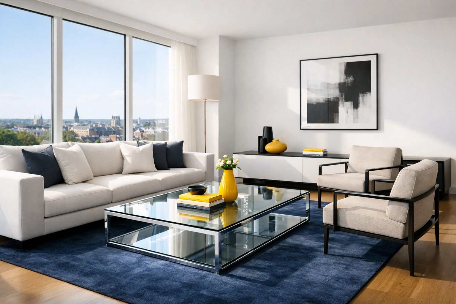 Efficient deep cleaning MA techniques showcased in a spotless, minimalist living room.