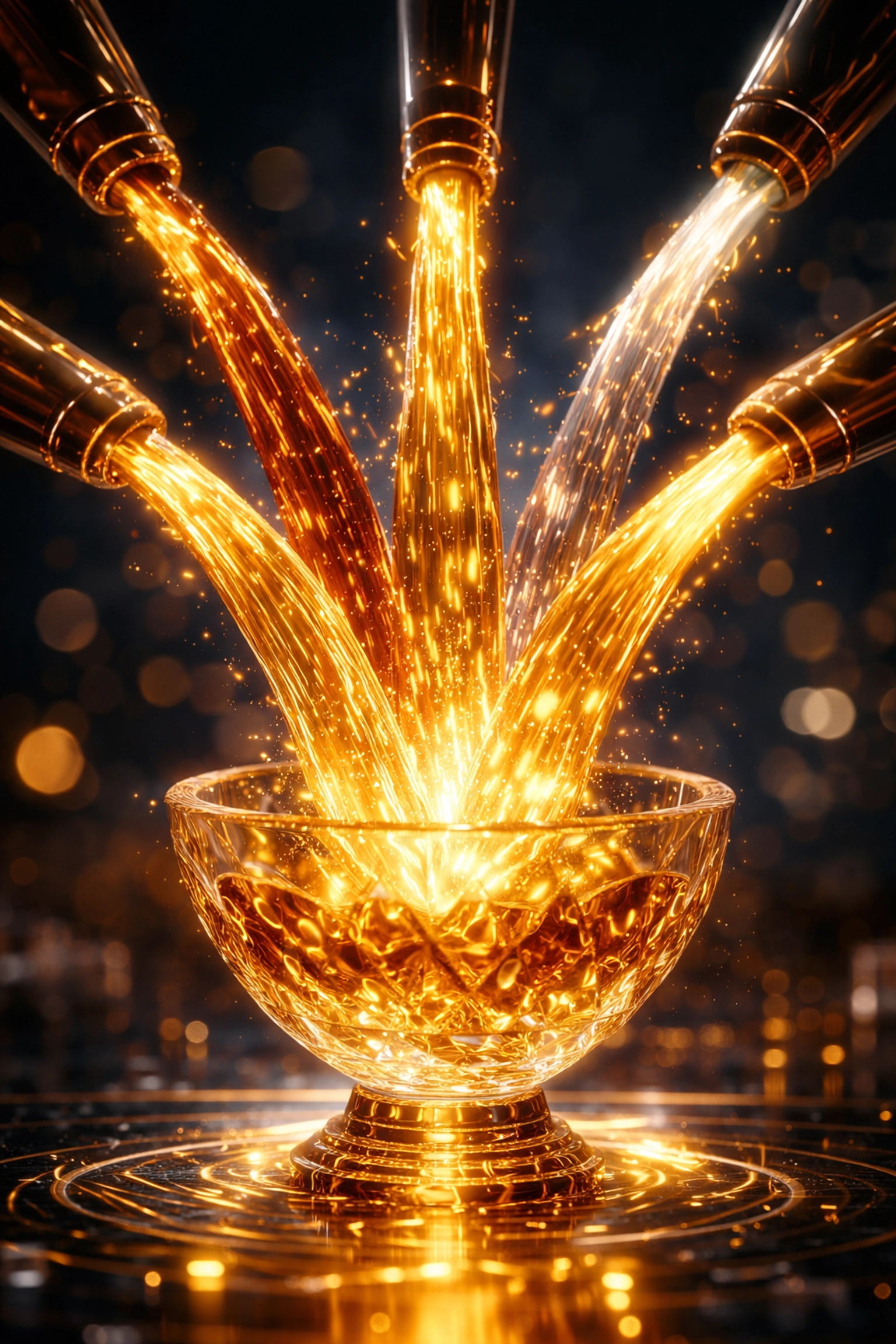 Multiple streams of liquid gold merging, representing various private credit sources and yield strategies for investors.