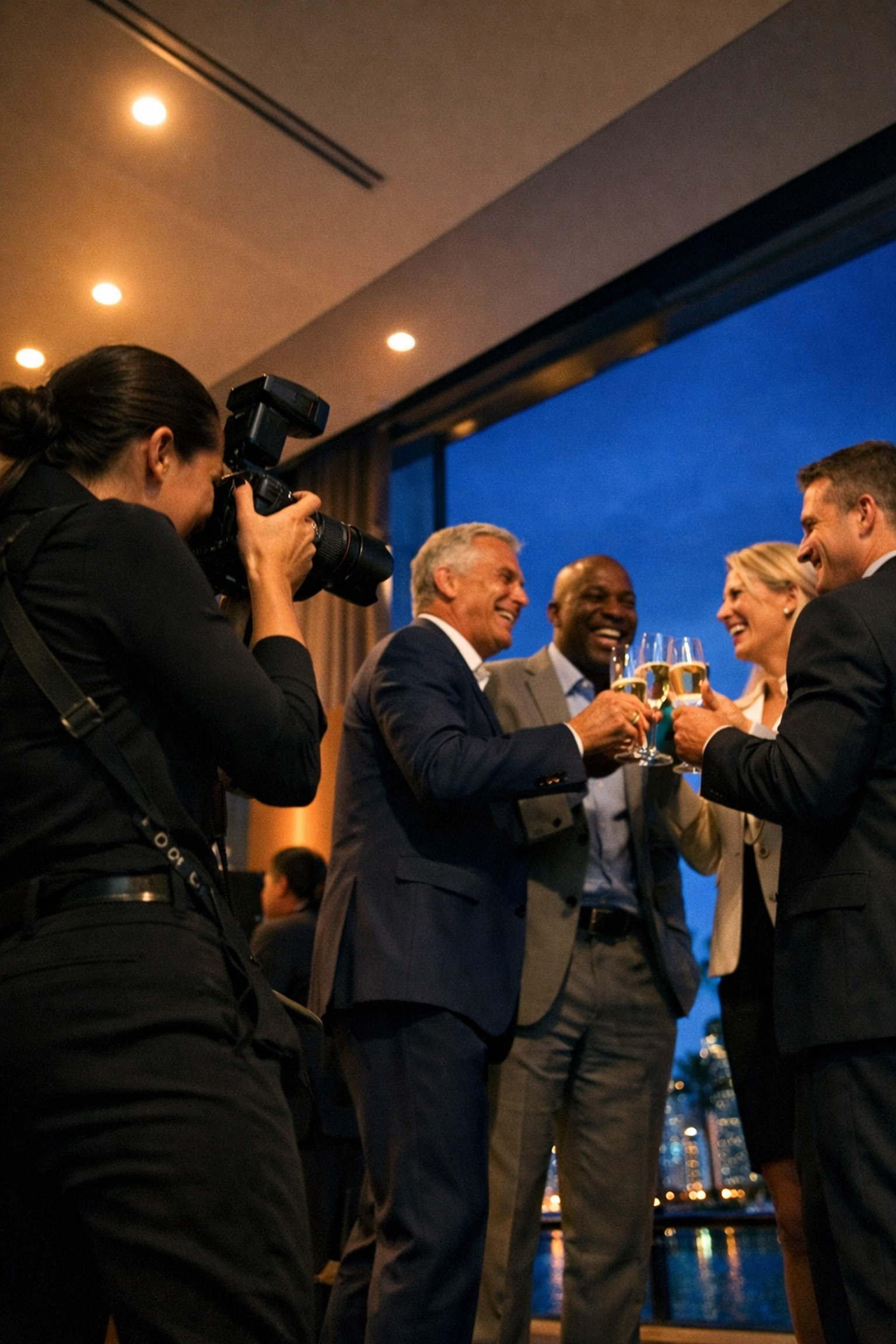 Candid networking shots at a Miami corporate event showing a photographer capturing natural interactions.