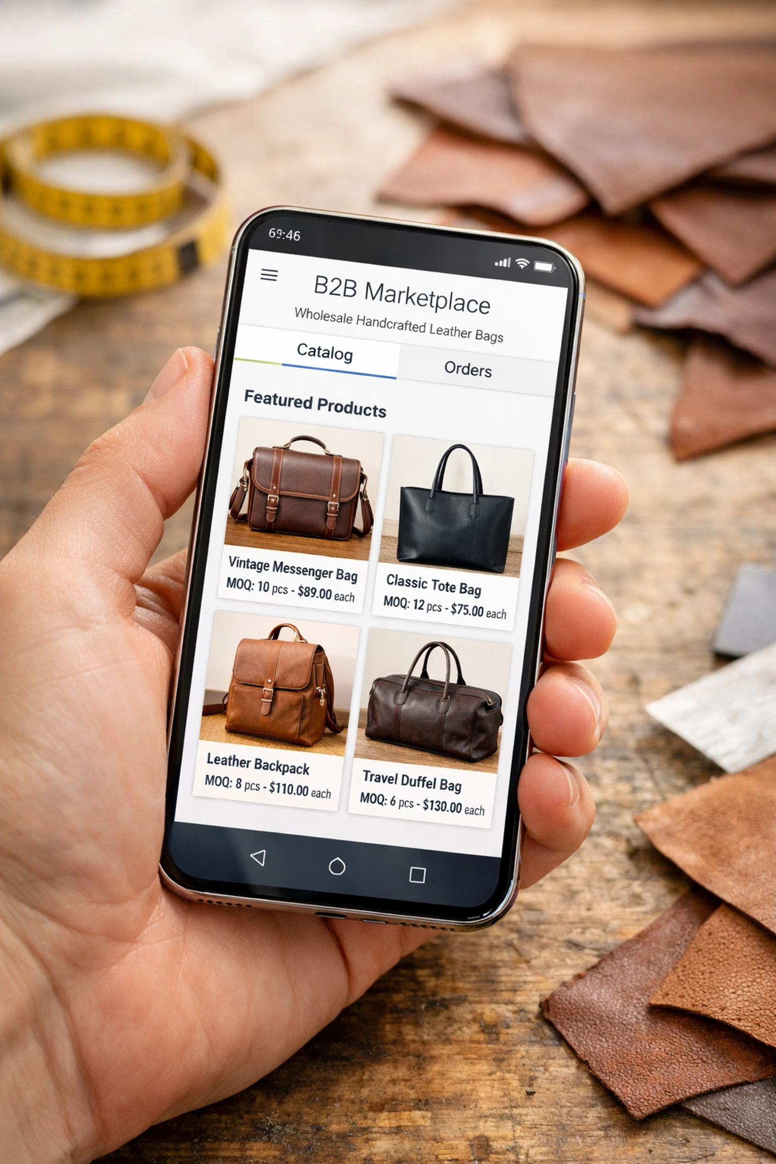 Sleek smartphone displaying a b2b marketplace interface for a creative business.