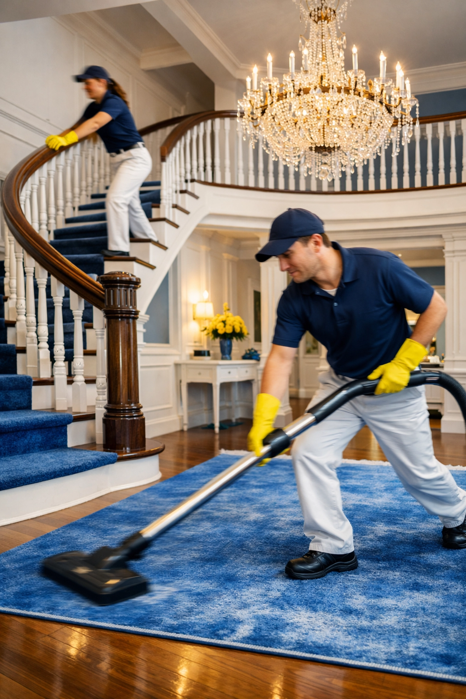 Professional cleaning team using Ninja Efficiency in a grand Dover colonial foyer and staircase.