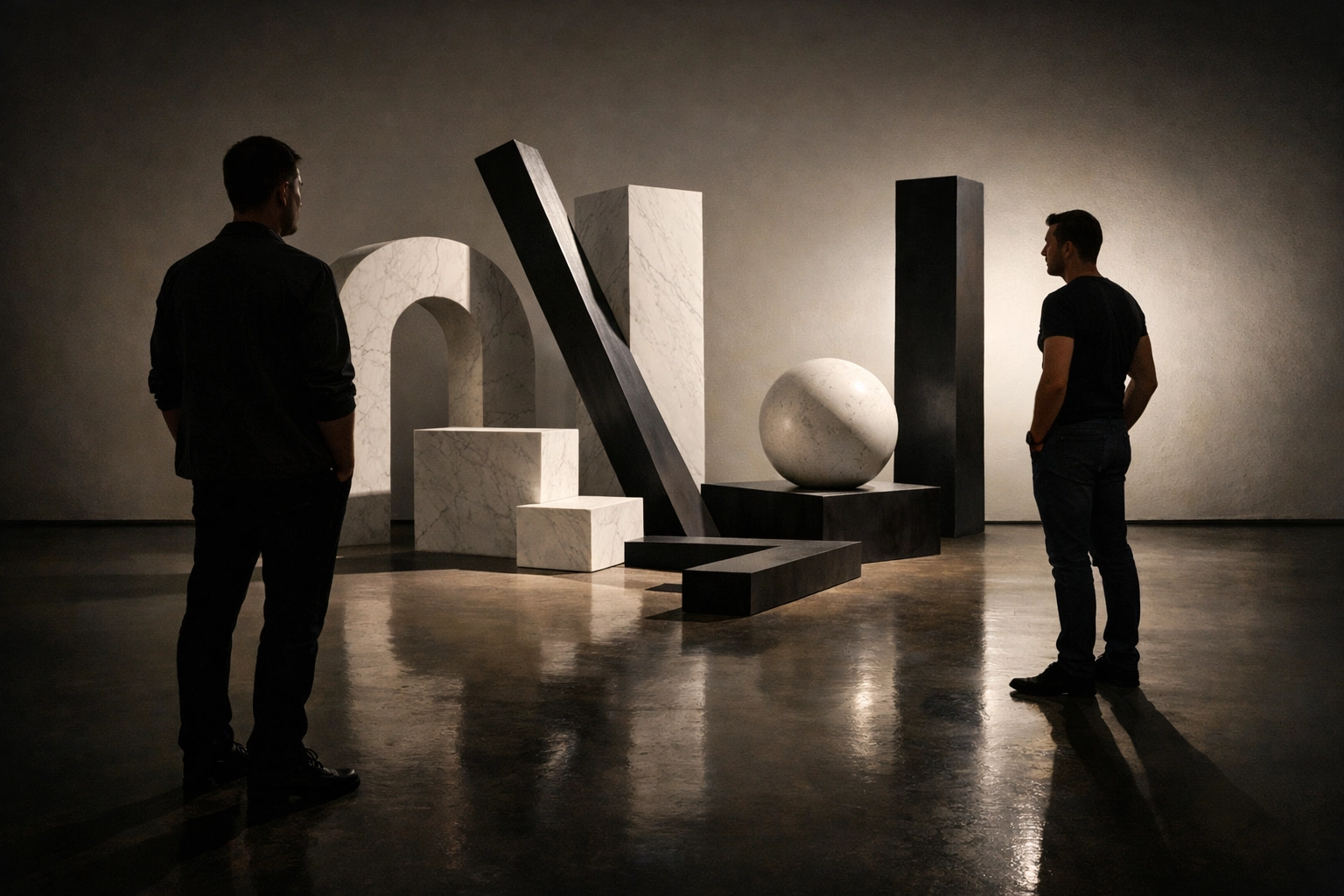 Two men viewing abstract sculptures in museum gallery exploring LGBTQ+ artistic expression