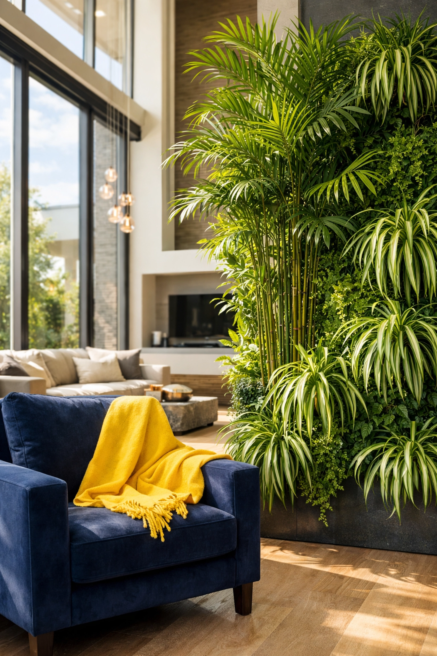 Lush Bamboo Palms and Spider Plants in a modern living room, naturally improving indoor air purity and decor.