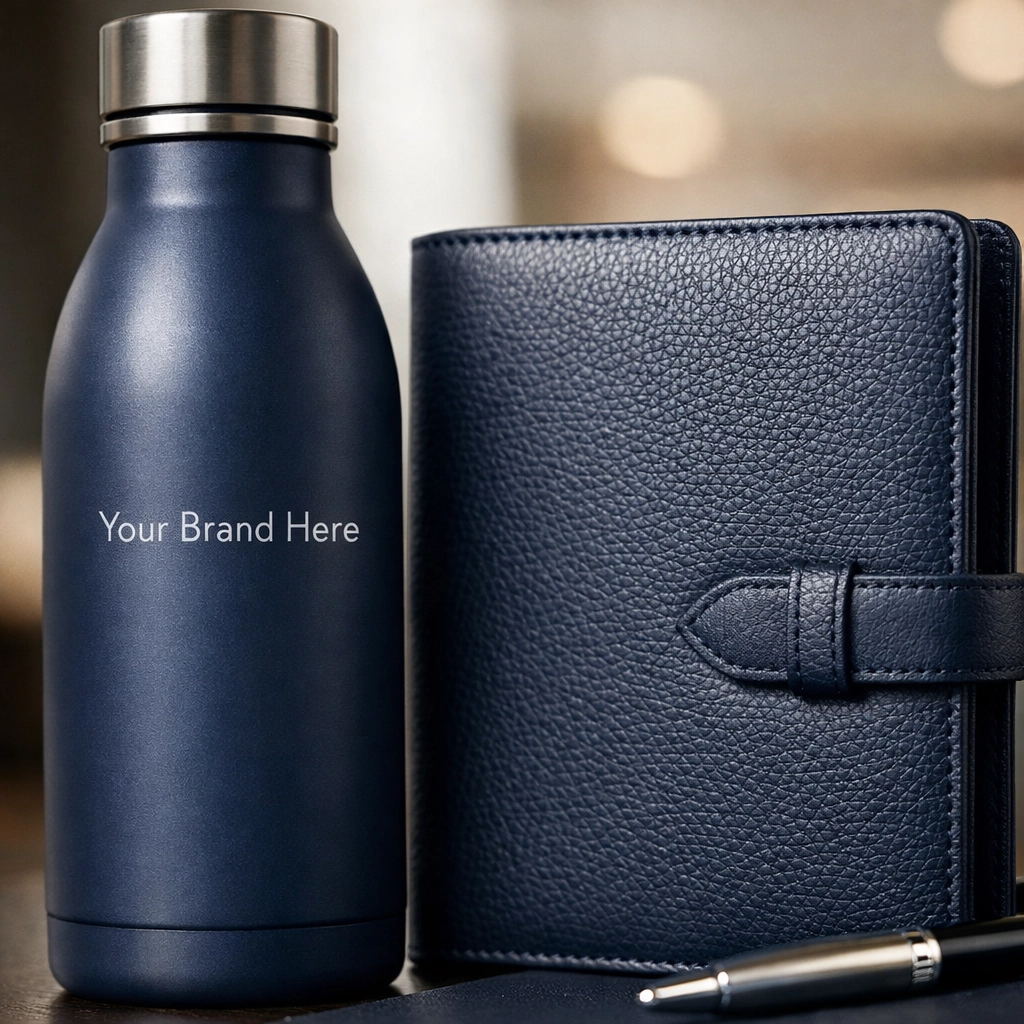 Personalized corporate gifts featuring a laser engraved navy blue water bottle and leather journal.