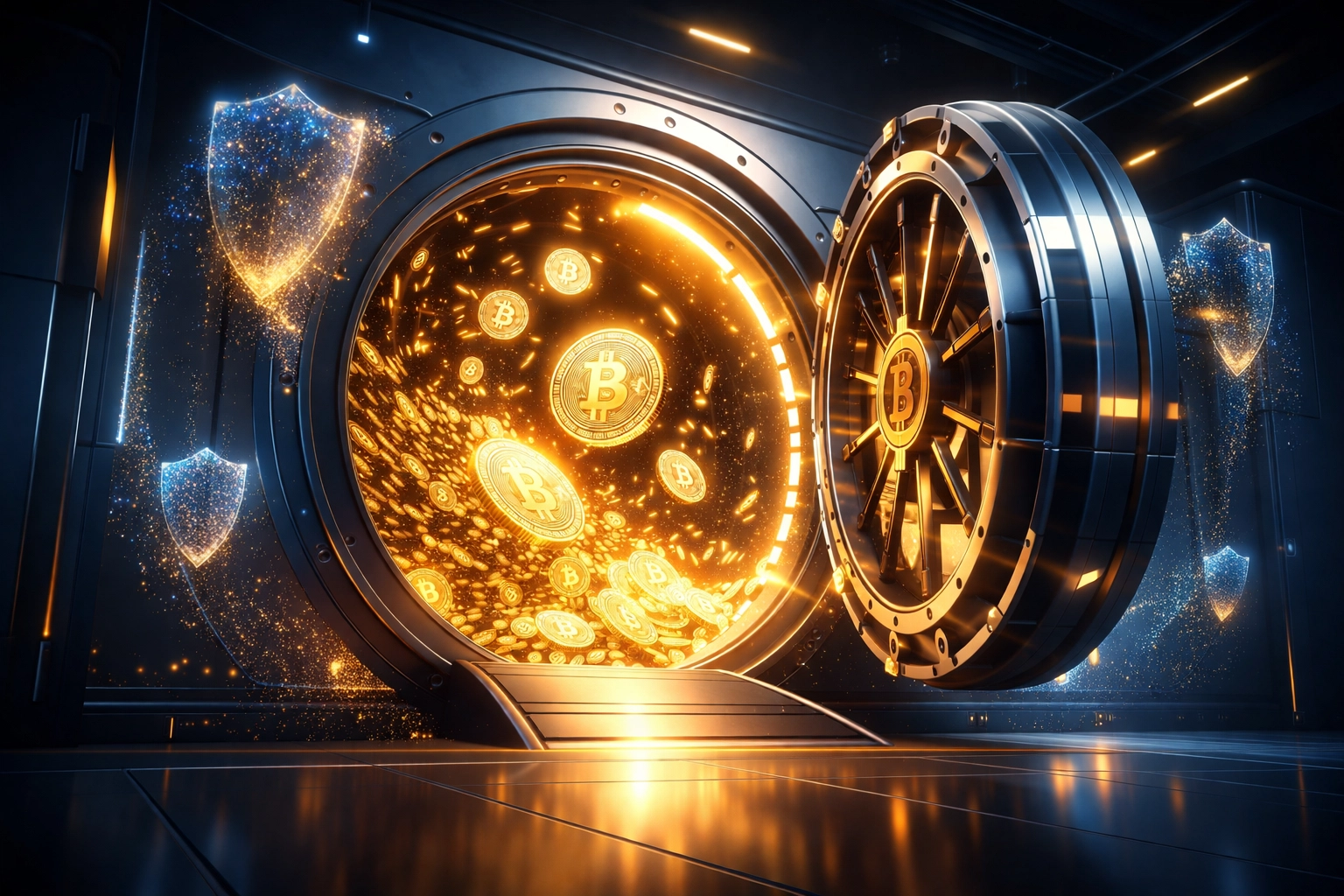 Open digital vault with floating crypto coins illustrates secure, stable LUSD transactions for merchants