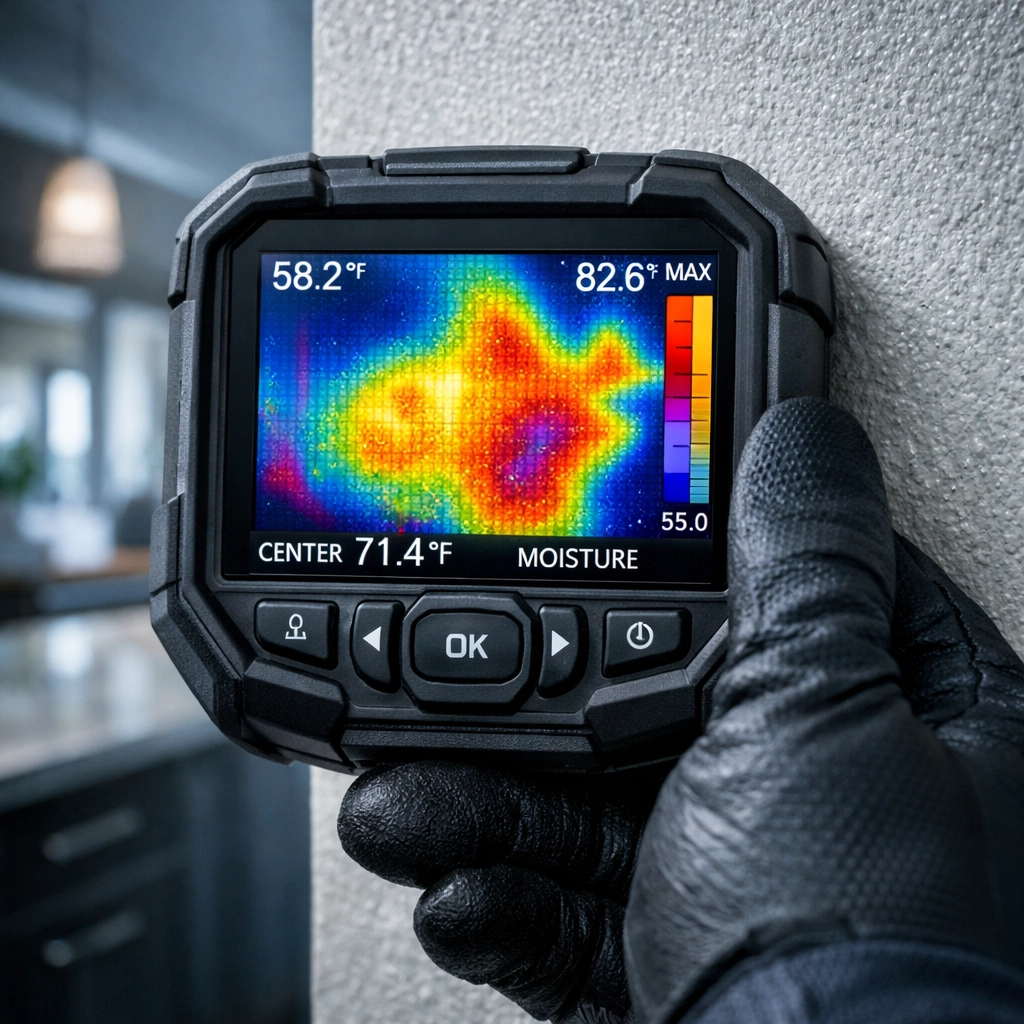 Professional Westchester pest control technician using thermal imaging to detect hidden moisture and pests in walls.