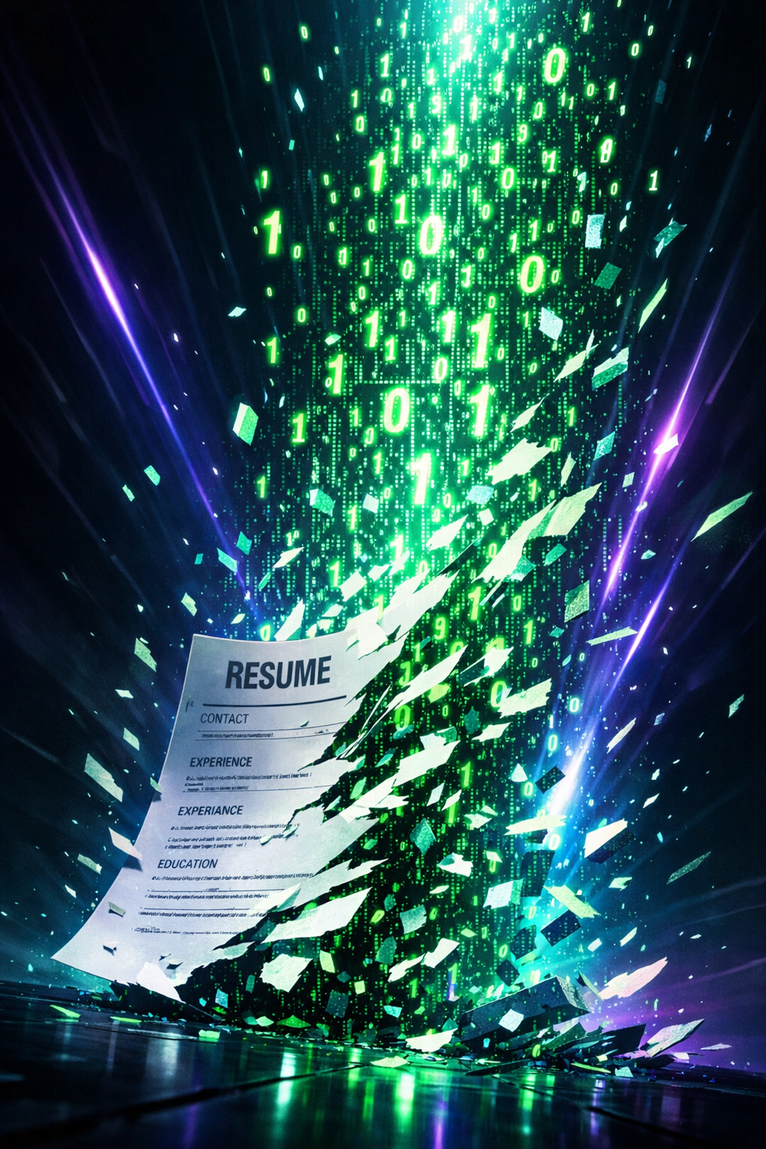 A traditional paper resume transforming into digital data pixels representing AI recruitment automation.