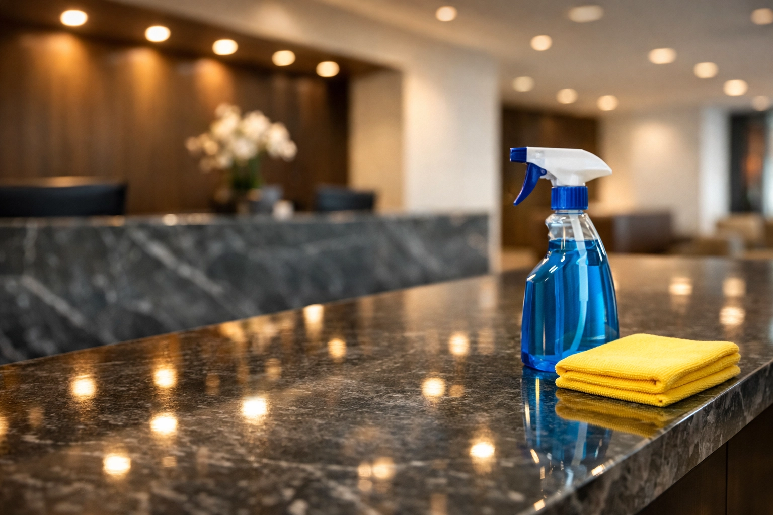 Polished stone reception counter in an Acton business suite showcasing professional office cleaning Acton MA standards.