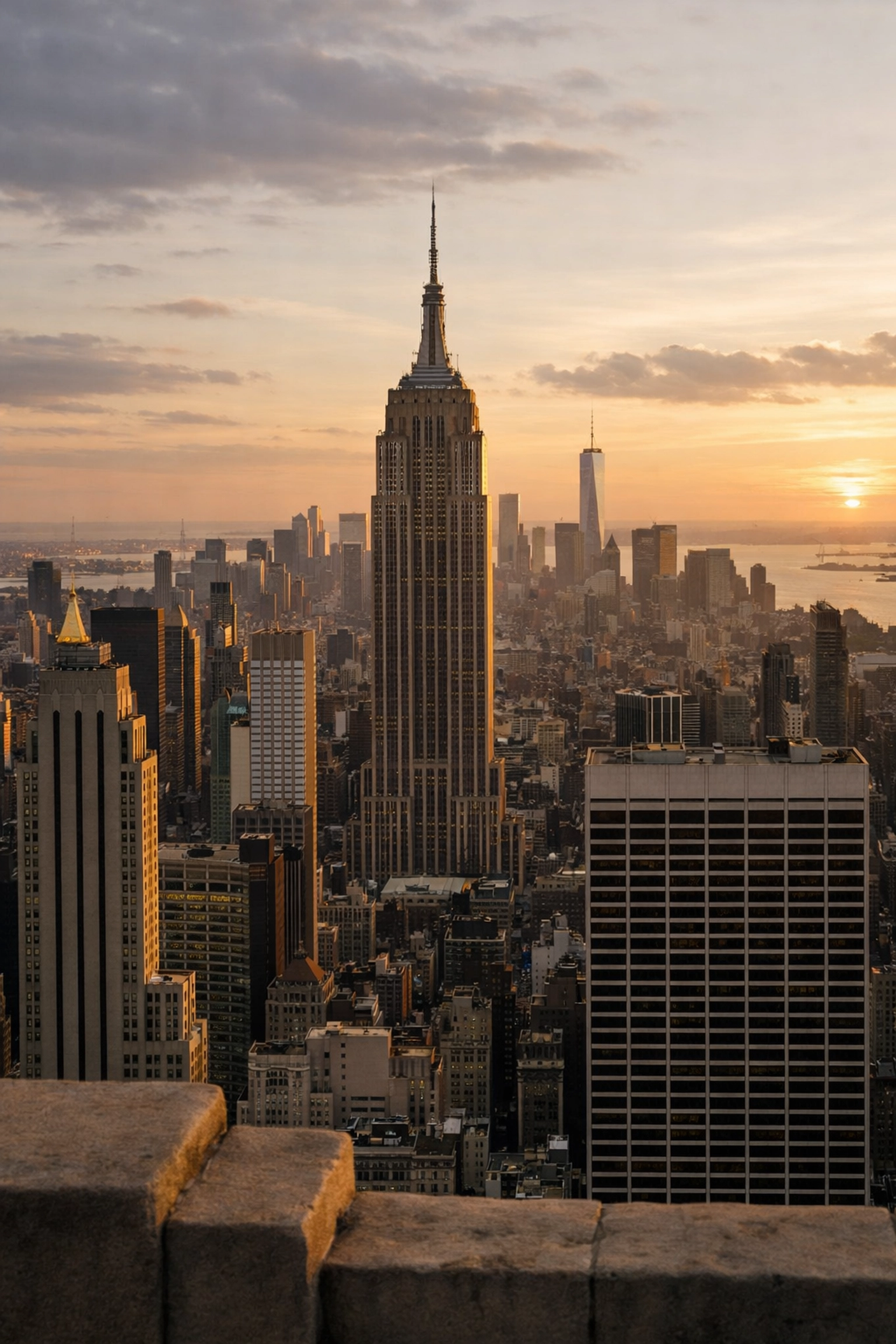 Sunset view of the Empire State Building from Top of the Rock, a top New York City photography location.