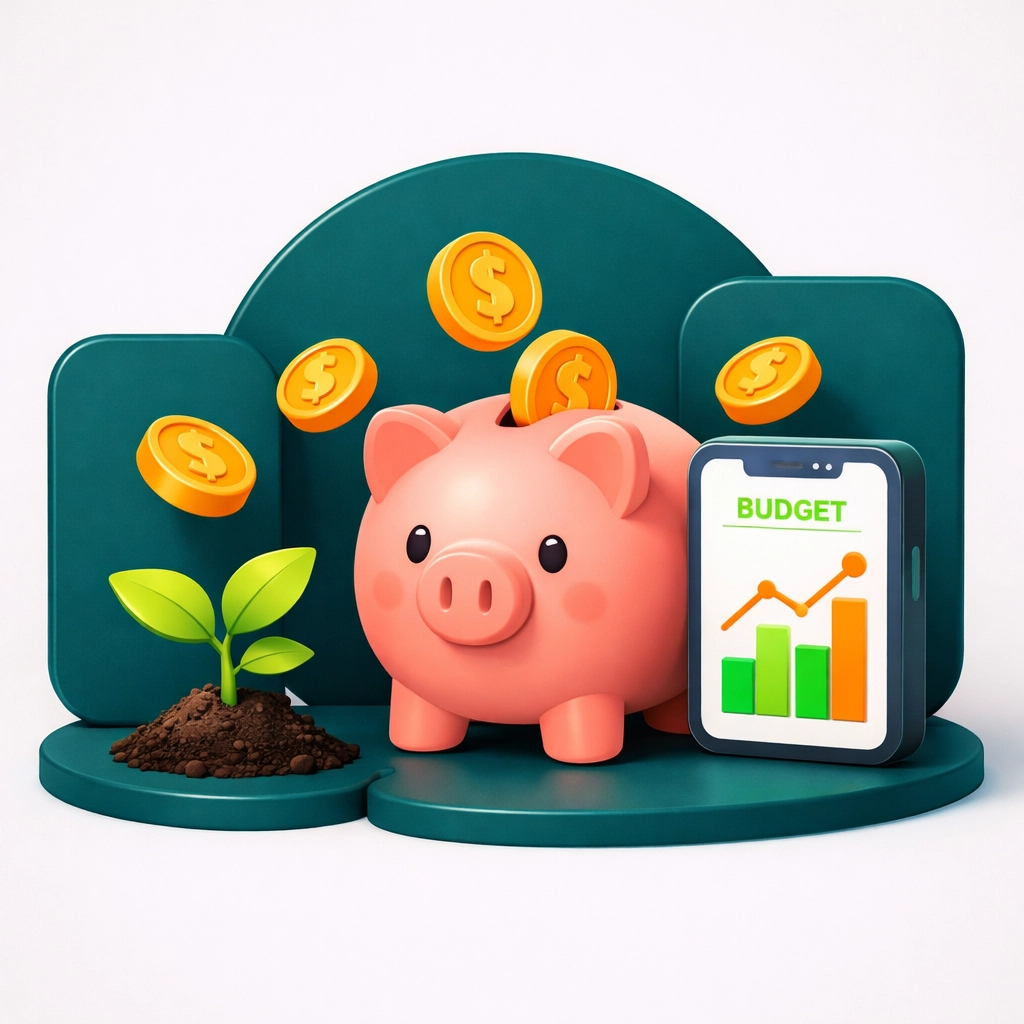 Financial literacy for kids concept with piggy bank, coins, and budget planning tools