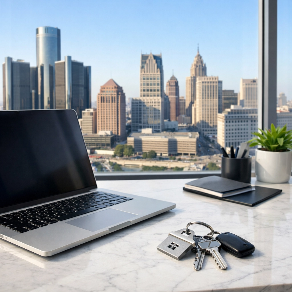 Modern Detroit property manager desk with apartment keys overlooking the city skyline during a move-out turnover.