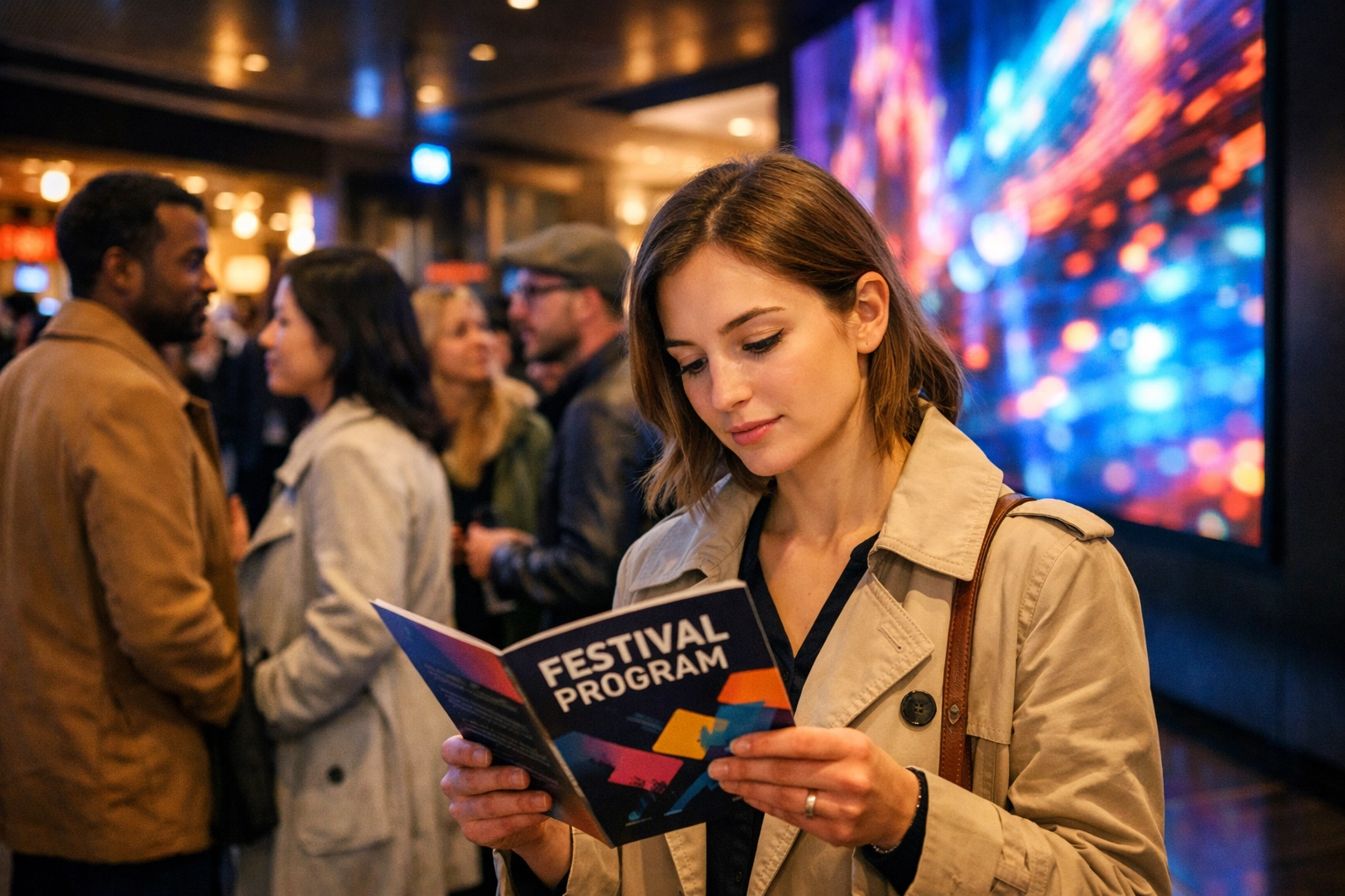 People attending a film festival at a downtown Montreal cinema lobby with vibrant digital displays.