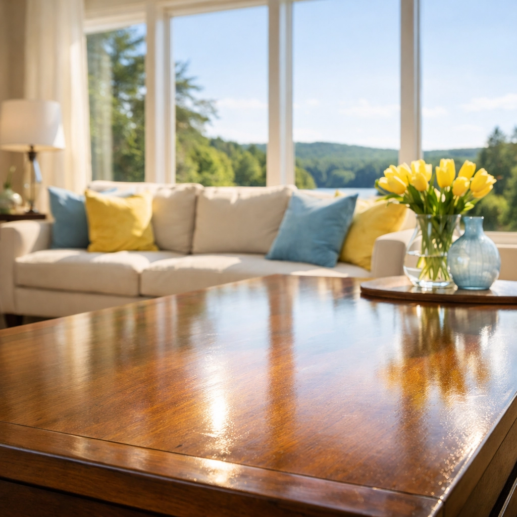Pristine living room showing the health benefits of professional house cleaning in Ashburnham MA.