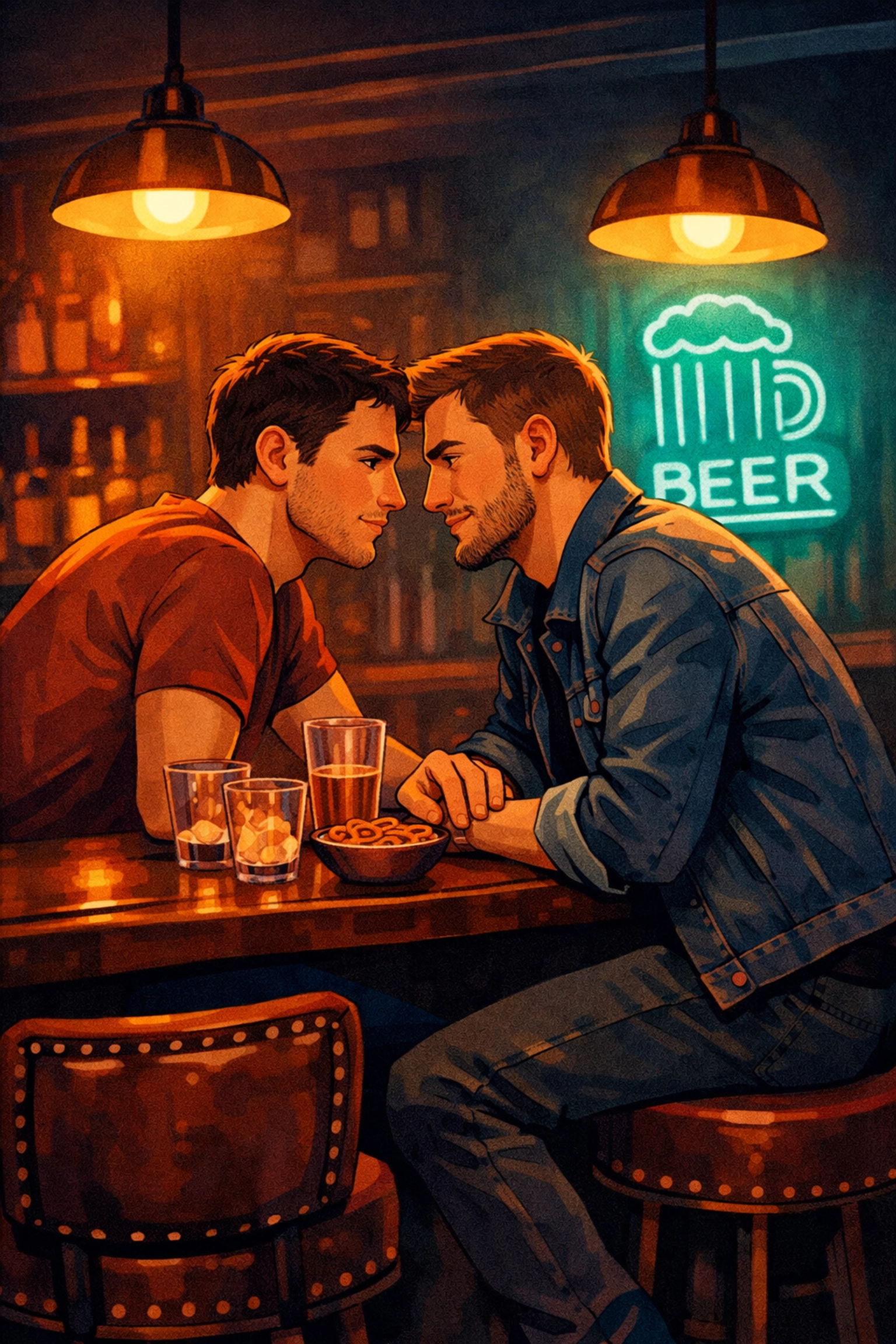 Intimate conversation between gay couple at cozy bar corner, embodying emotional MM romance