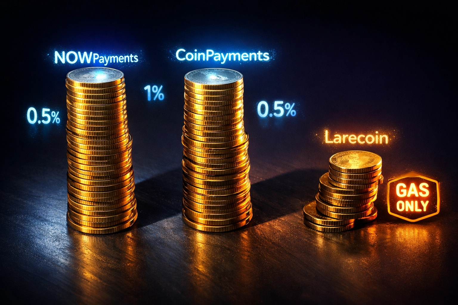Crypto payment processor fee comparison showing Larecoin's lower costs vs NOWPayments and CoinPayments