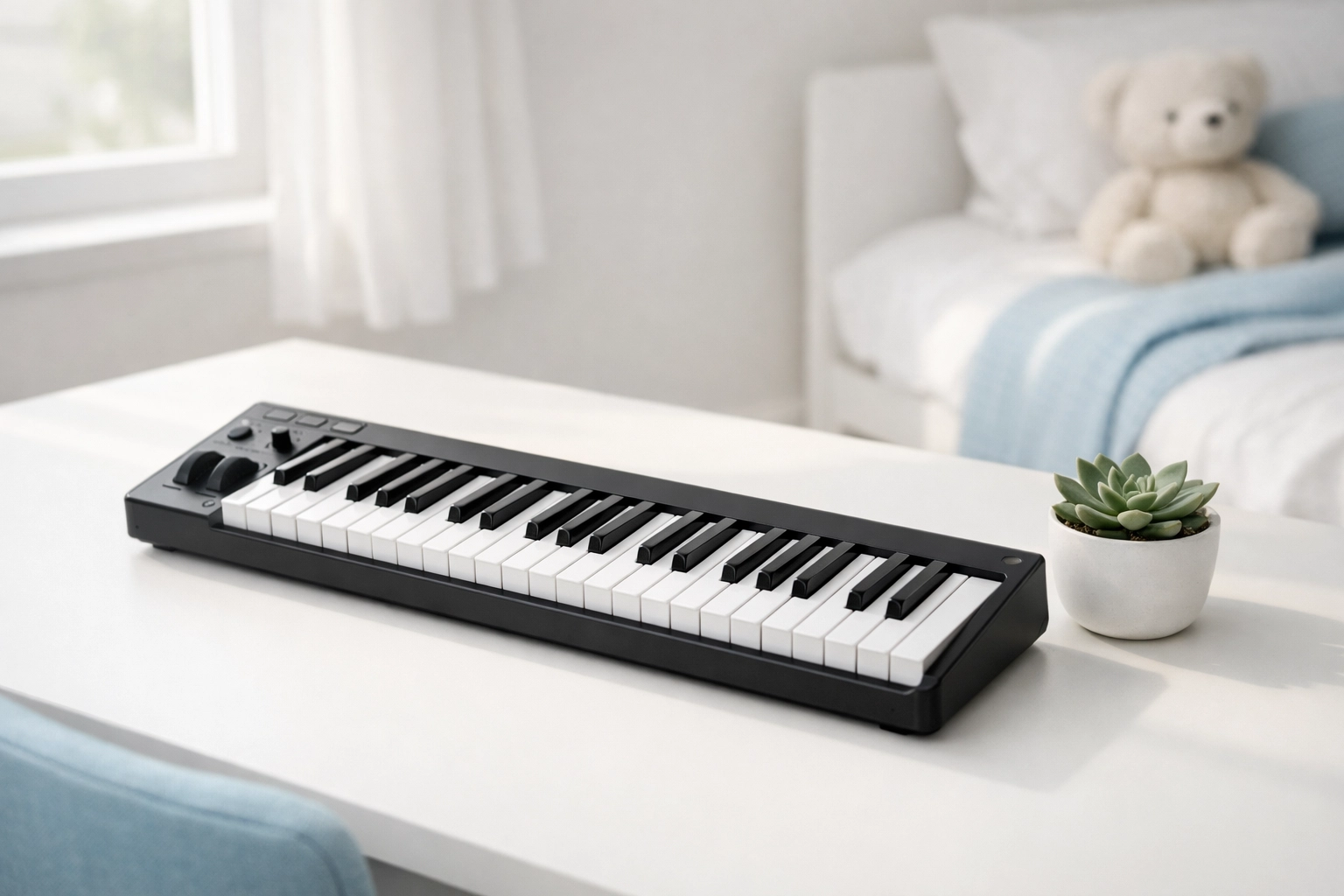 Compact 61-key keyboard on desk in child's room for easy beginner piano practice
