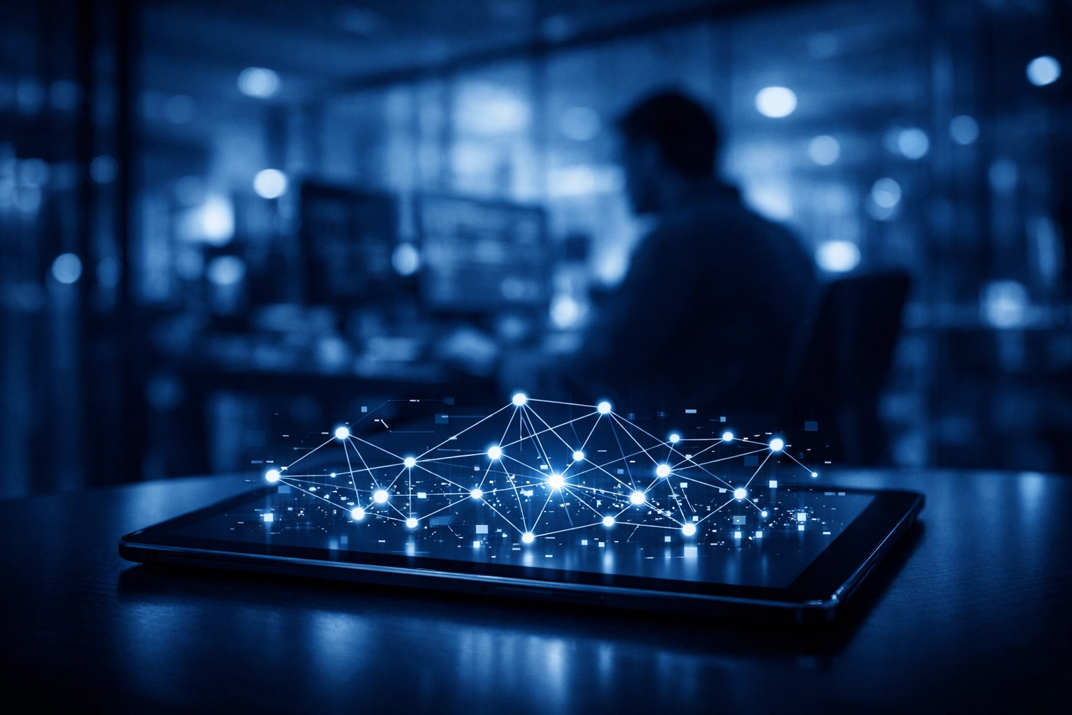 A tablet displaying a network of connected apps and data permissions in a modern office setting.