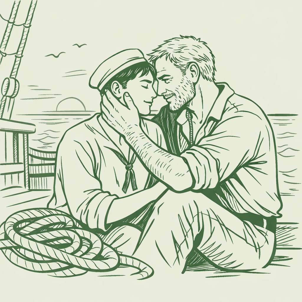 Two male sailors embrace on ship deck in tender moment - MM maritime romance illustration