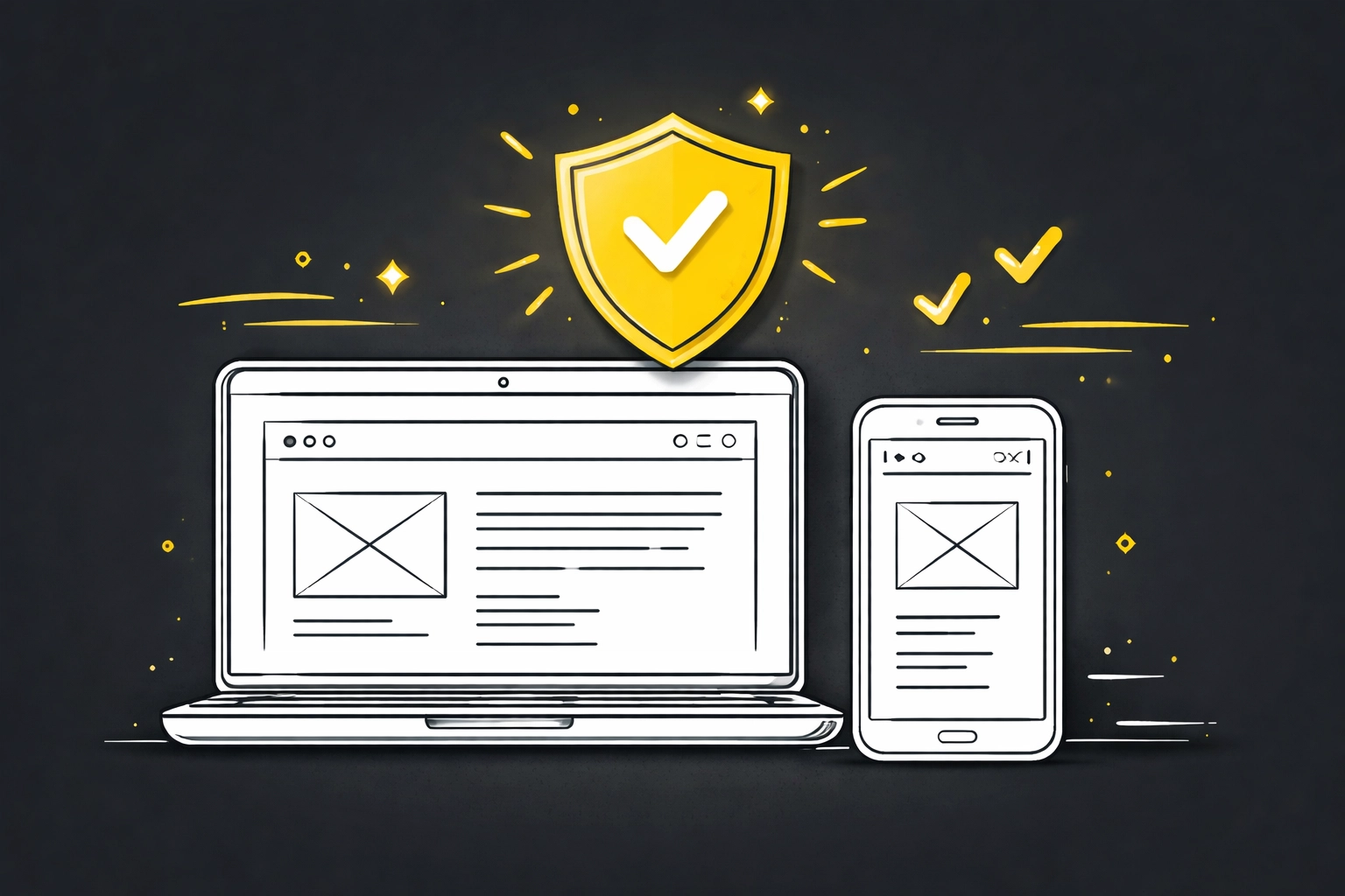 Sketch of laptop and smartphone with a yellow shield, highlighting strong technical SEO and secure website essentials