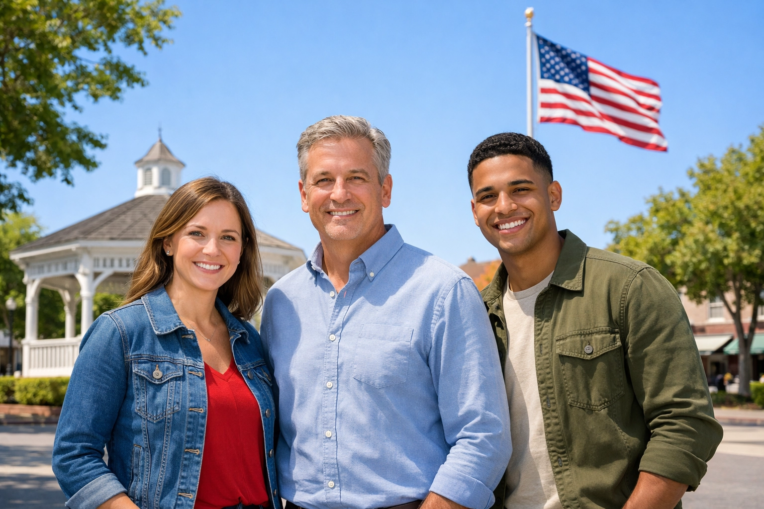 Pledge Allegiance Unveils National Civil Discourse Training Program Diverse community members standing in a town square to promote national unity and civil discourse.