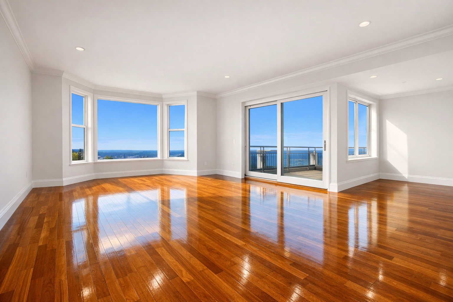 Gleaming hardwood floors in a sun-drenched empty apartment after a professional move-out clean.