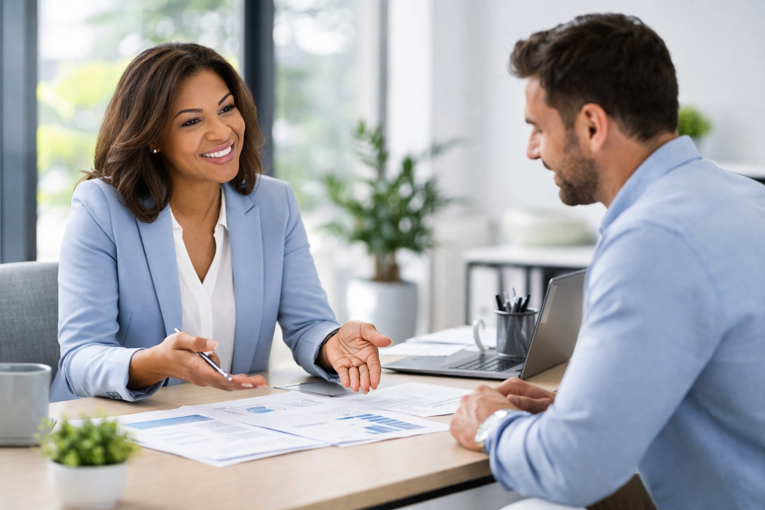 Benefits counselor explaining coverage options during a one-to-one employee benefits enrollment session