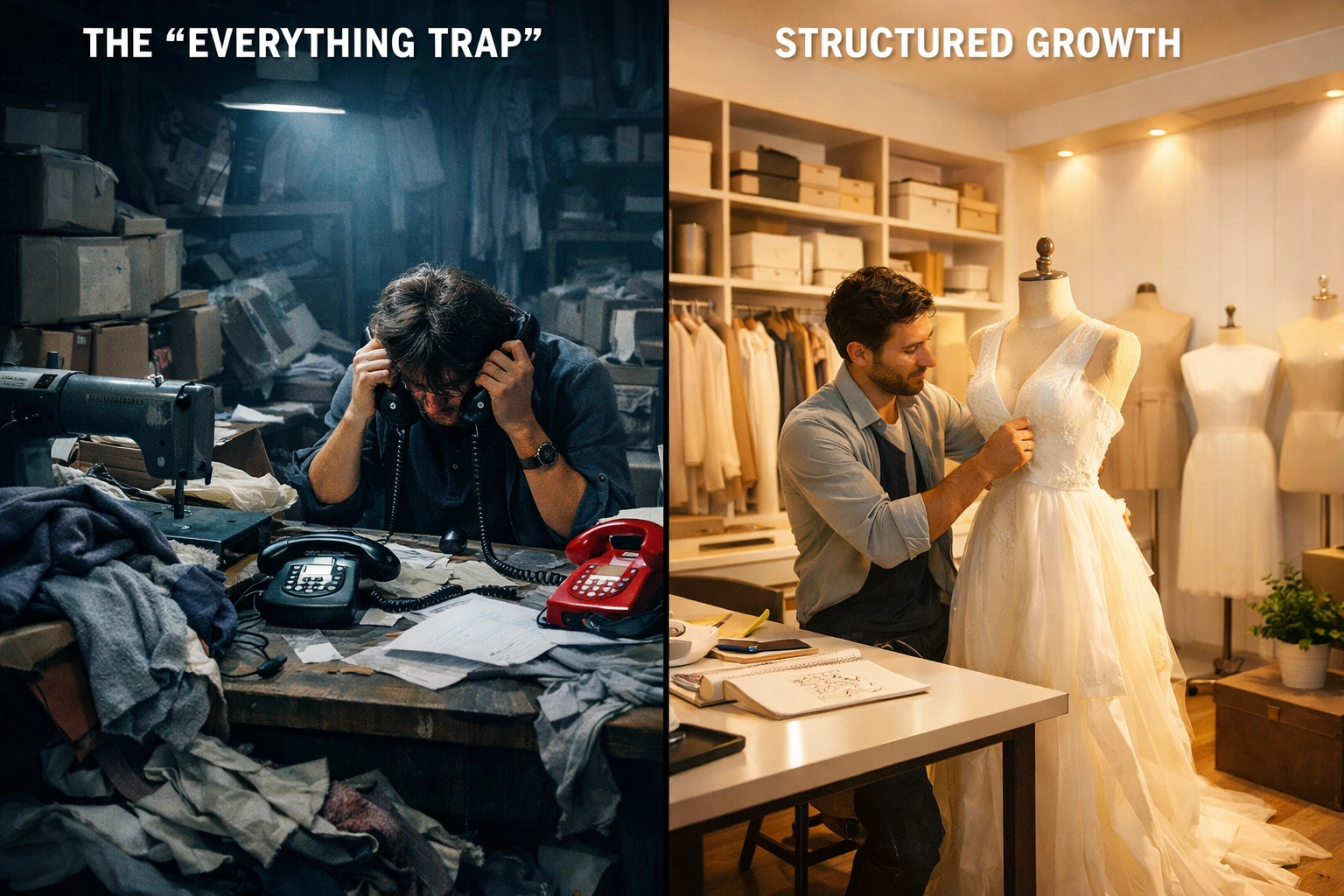 Creative entrepreneur transitioning from a cluttered workshop to a structured, professional growth studio.