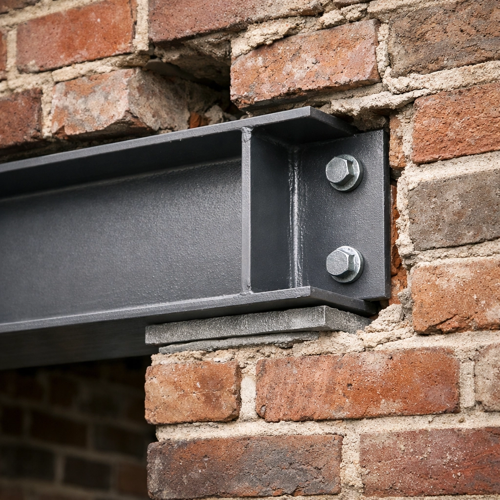 Structural steel beam installation during a London house extension ensuring safety and professional standards.