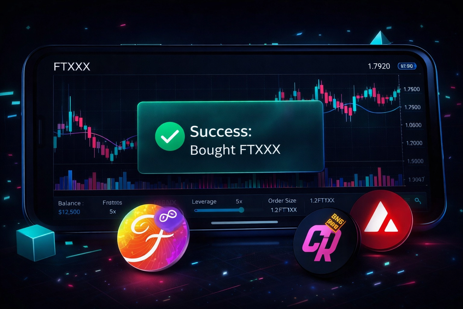 Mobile crypto trading interface showing real-time price graphs and market data